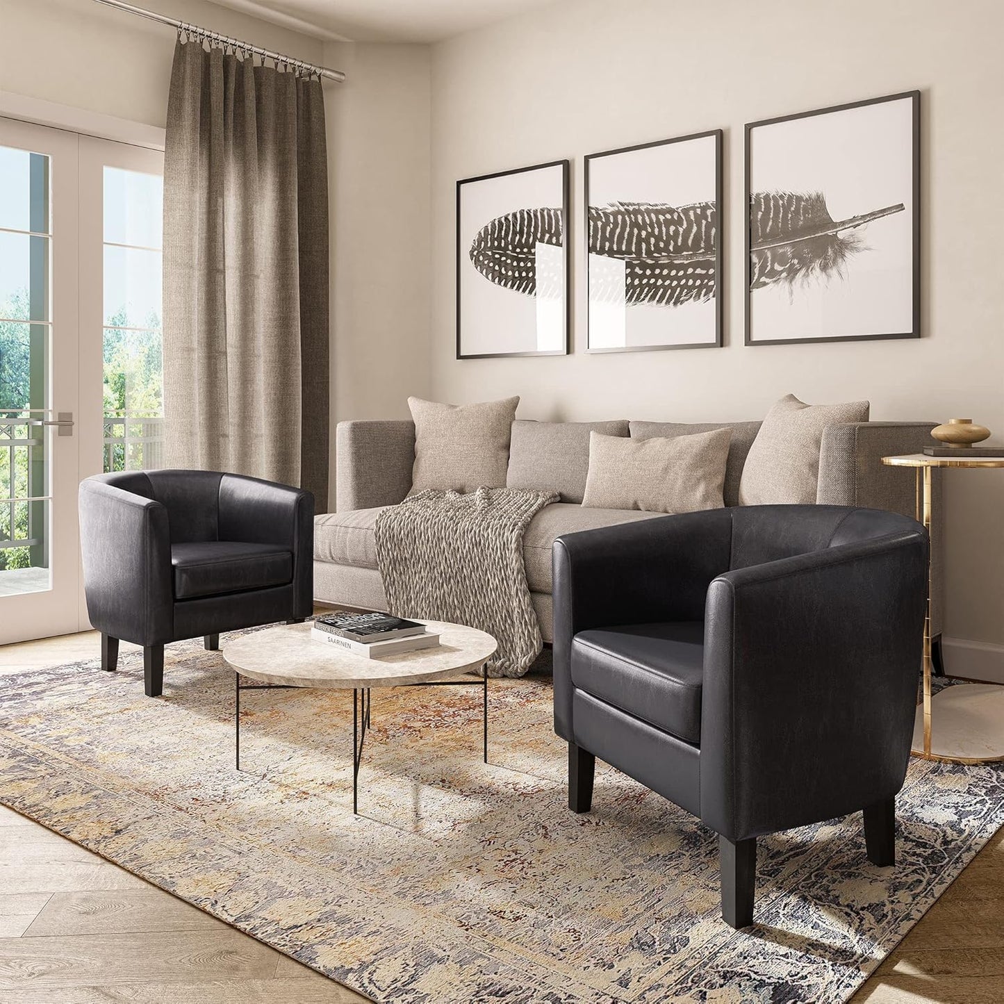 BELLEZE Accent Barrel Chair, Set of 2 Faux Leather Round Club Tub Sofa Corner Chair with Flared Legs and Cozy Soft Padding for Living Room Bedroom Waiting Room - Black