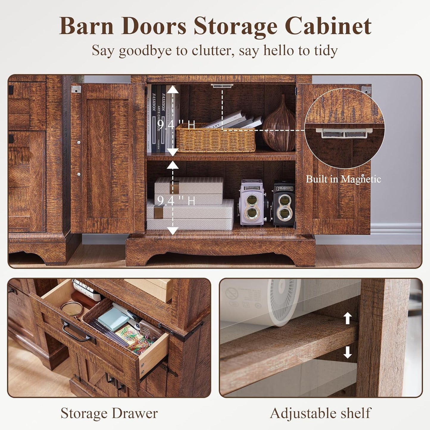 RedLemon Bookshelf with Storage Cabinet, 72" Tall Farmhouse Bookcase with Adjustable Shelves and Barn Door, 4 Tier Office Wood Bookshelf with Drawer for Library Living Room (Reclaimed Barnwood Color)