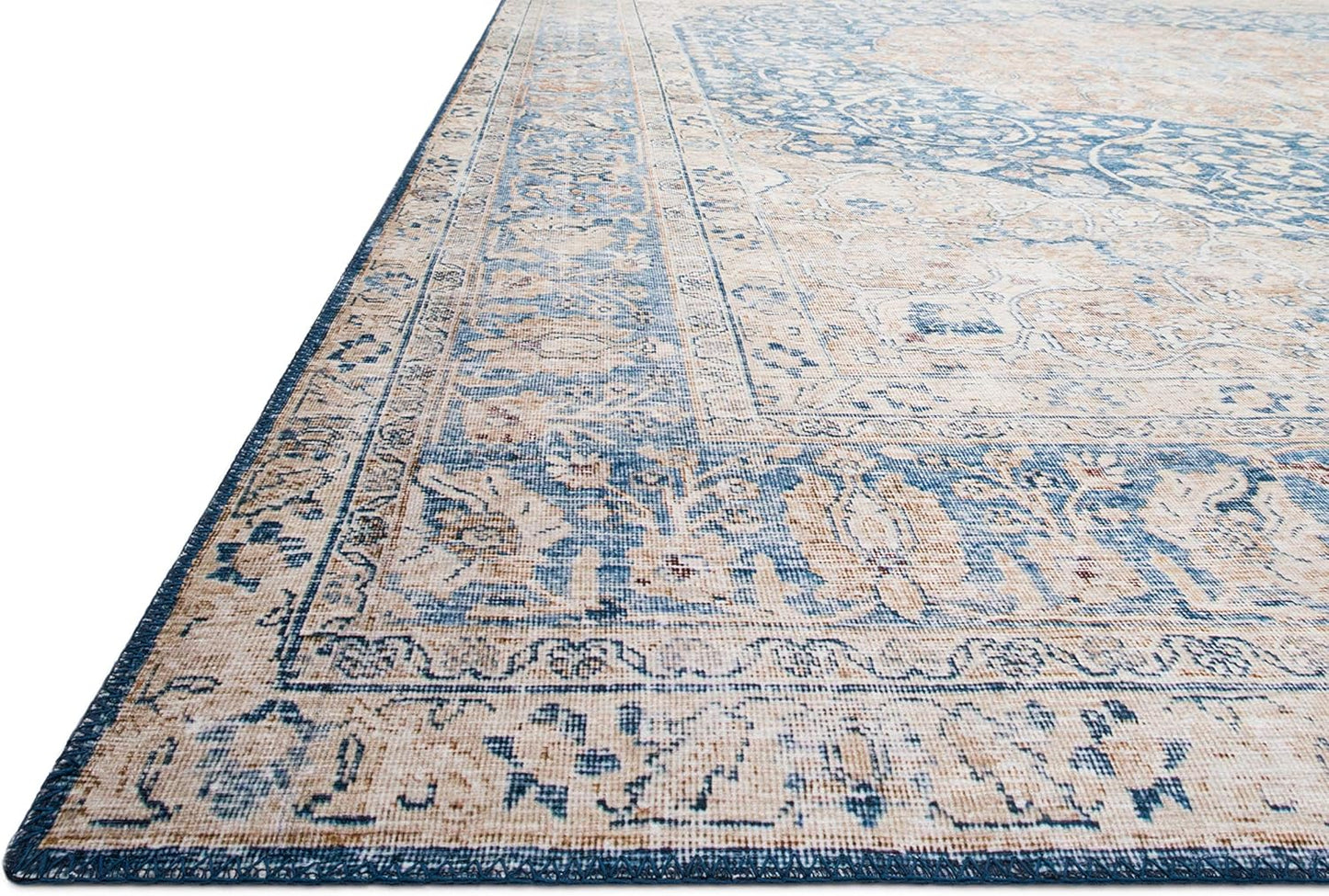 Loloi Layla Collection LAY-07 Blue/Tangerine 2'-6" x 7'-6" .13" Thick Runner Rug, Soft, Durable, Vintage Inspired, Distressed, Low Pile, Non-Shedding, Easy Clean, Printed, Living Room Rug