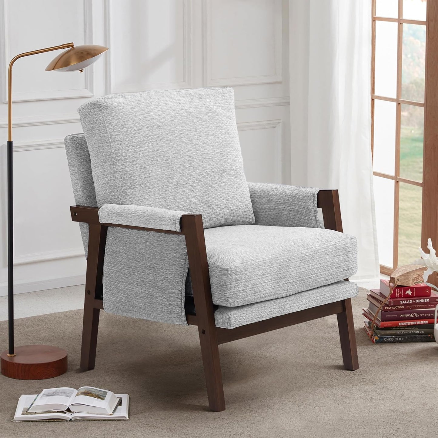 Modern Accent Chair for Living Room Mid Century Arm Chair Upholstered Bedroom Chair Comfy Lounge Chair with Solid Wood Frame, White