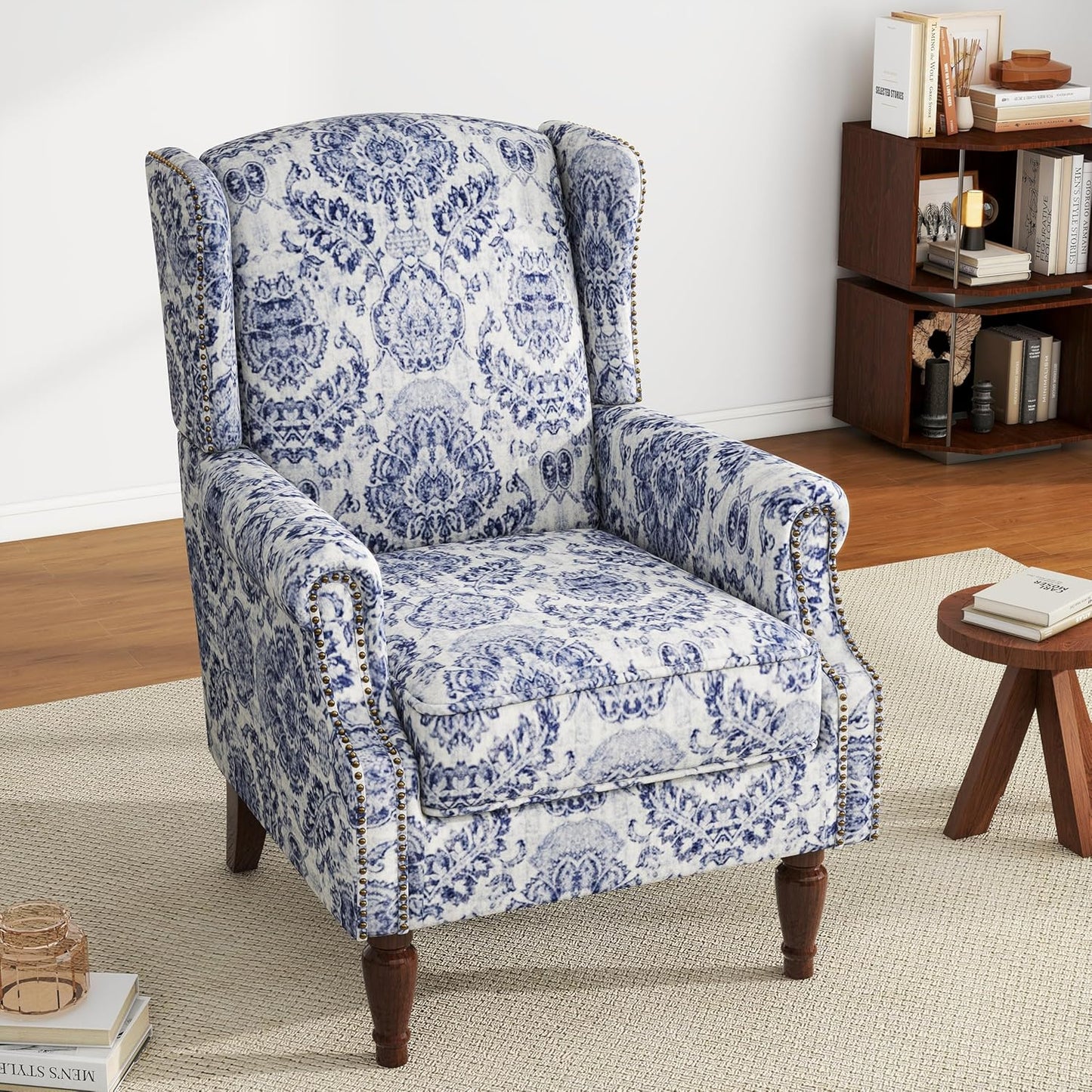UIXE Floral Accent Chair, High Back Pattern Arm Chair for Living Room, Traditional Fabric Armchair Comfy Upholstered Sofa Reading Seat with Nailhead Trim & Retro Wood Legs - Navy