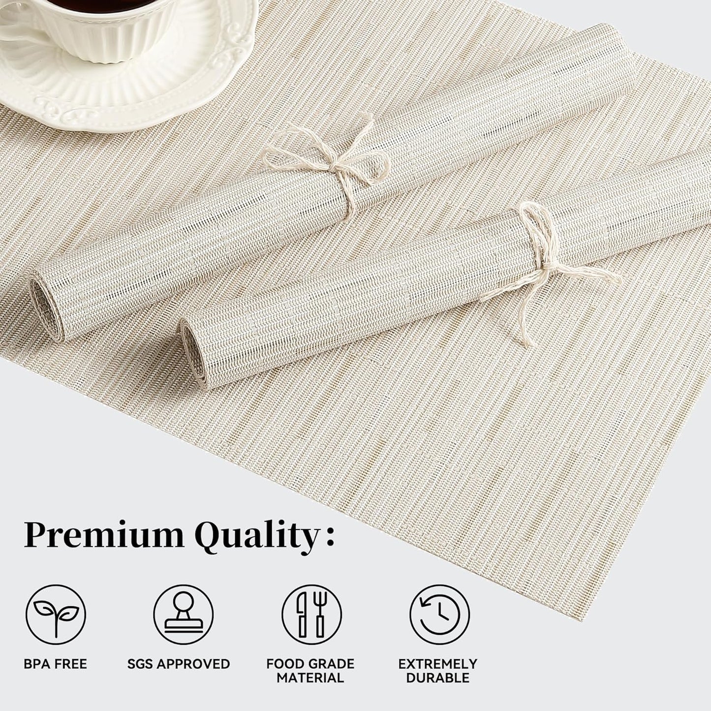 Leetaltree Pale Beige Placemats Set of 6 - Heat Resistant Non-Slip Place mats for Dining Table, Washable Durable PVC Vinyl Woven Table Mats（Pale Beige, 6）