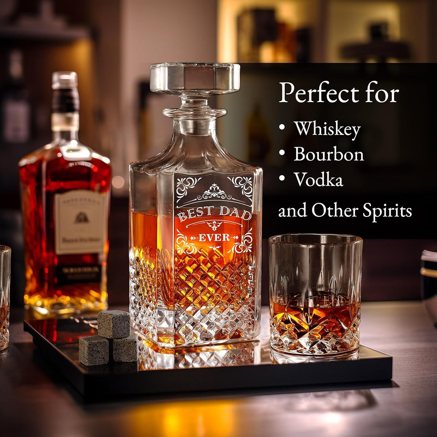 Luxury Gift For Men - Best Dad Ever - Unique Engraved Whiskey Decanter Set For Beloved Dad Christmas or Birthday Gift – 4 Whiskey Glasses And Decanter Set Is a Great Gift Idea for Whisky, Bourbon