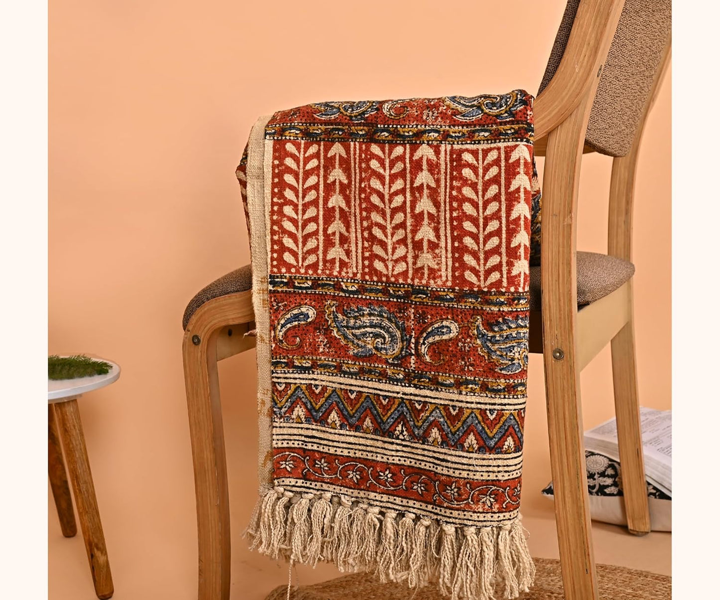 Handmade Cotton Floral Throw Blanket | Indian Block Print with Tassels | Boho Fringed Sofa & Bed Cover | 48x70 Inches Lightweight Decorative Throw for Couch, Living Room & Bedroom