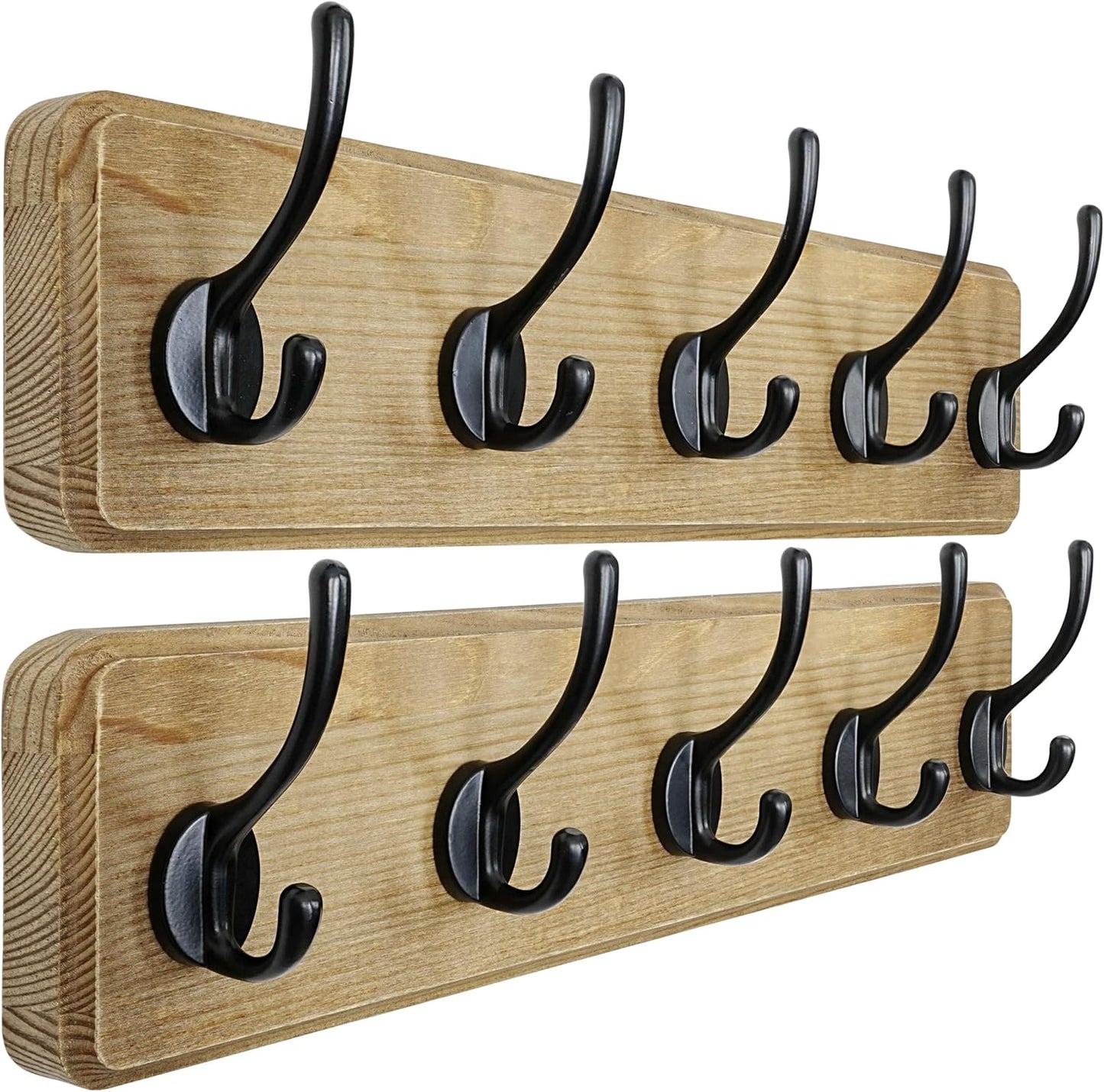 Dseap Coat Rack Wall: Patented, Heavy-Duty, 17.4" Long 5-Double-Hooks Wooden Wall Mounted Coat Rack Coat Hanger Hook Rail for Winter Coats Hat Jacket Clothing, Weathered Brown, Pack of 2