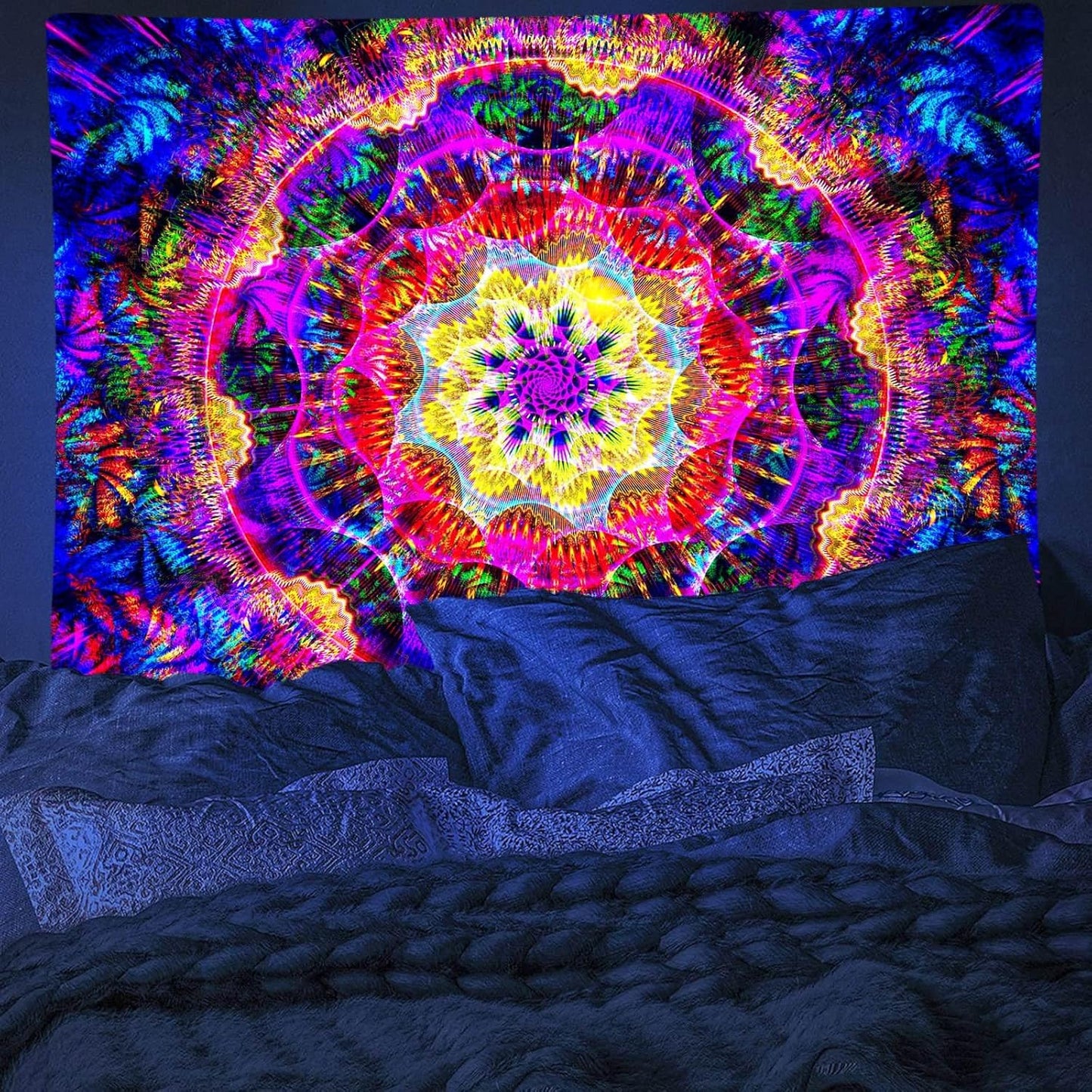 PSYHILAR Blacklight Mandala Tapestry for Bedroom, Psychedelic Black Light Posters for Adults and Teens, Colorful UV Reactive Aesthetic Bohemian Art Wall Hanging Decor (80 x 60 Inches)