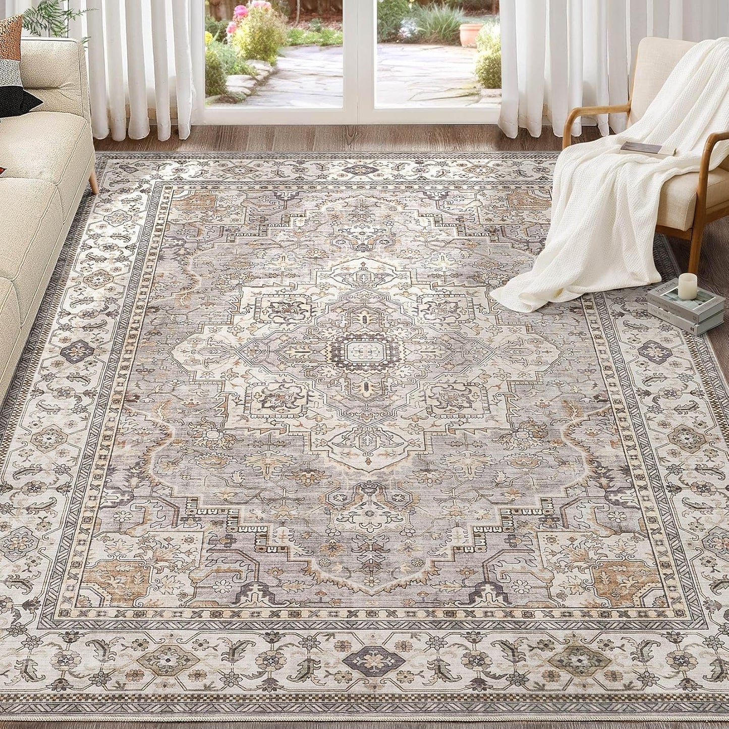 Washable Area Rugs for Living Room - 8x10 Neutral Vintage Distressed Floral Farmhouse Boho Large Soft Floor Rug Indoor Non Slip Carpet for Bedroom Dining Room Office - Grey Brown