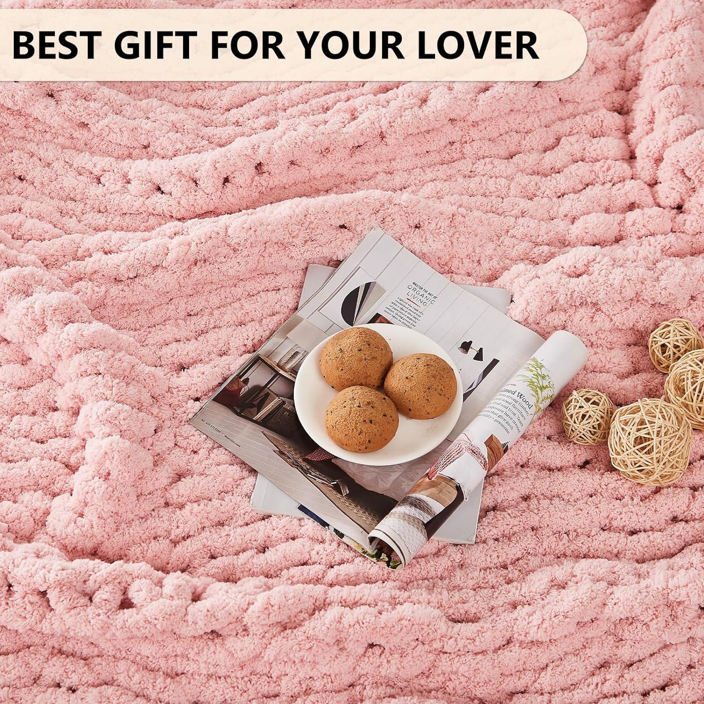 L'AGRATY Chunky Knit Blanket Throw - Soft Chenille Yarn Throw Blanket 40x50： Handmade Thick Cable Knit Crochet Blanke - Large Knit Blanket Chunky Rope Knot Throw Blanket for Couch Sofa Bed Home Decor