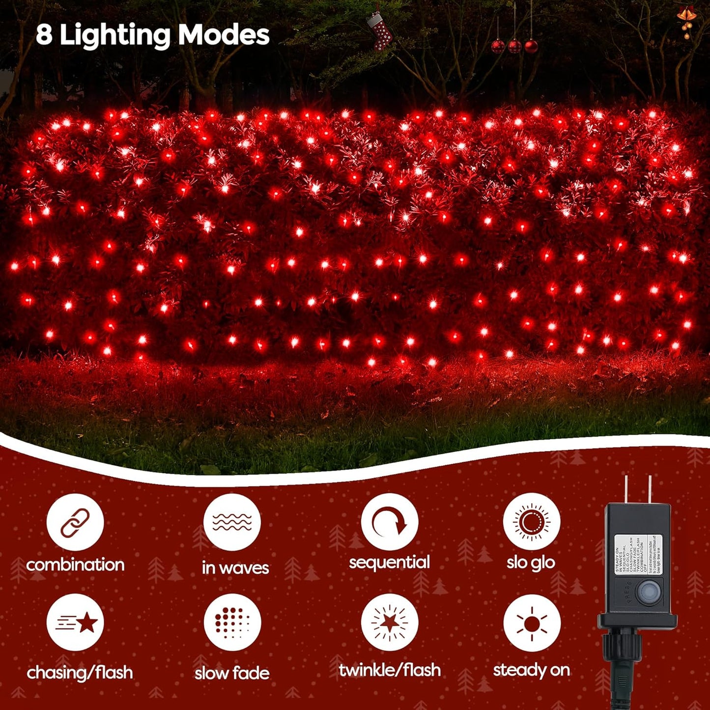 WBao Christmas Lights, 200LED 8.4ft x 5.2ft Net Lights Outdoor Mesh Light with 8 Modes, Timer, UL Certified, End to End Connectable, Waterproof for Lawn, Bushes Outdoor Christmas Decorations, Red