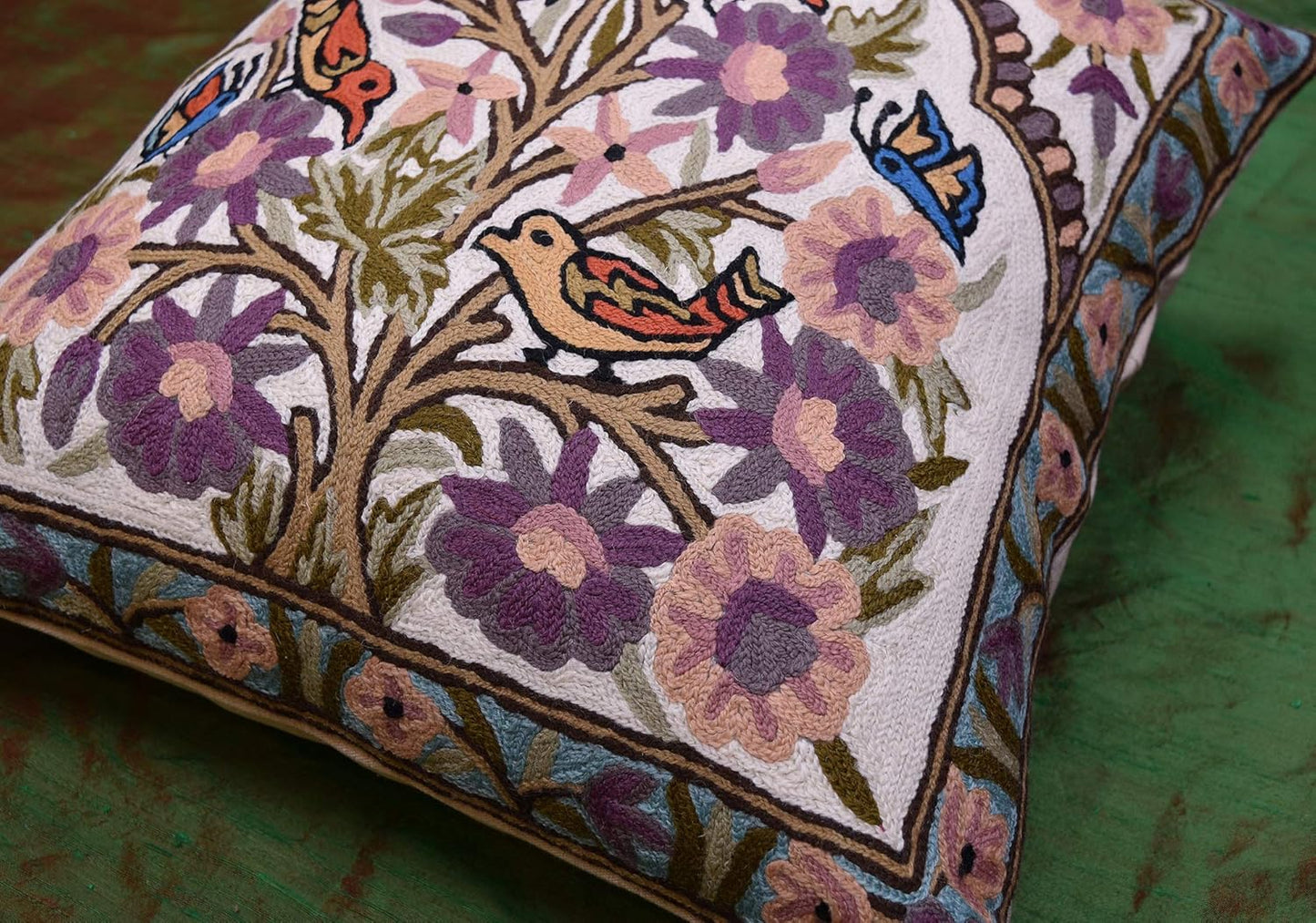 Tree of Life Pillow Cover Lavender Floral Pillowcase Botanical Flower Pillows Plants Farmhouse Traditional Chair Cushions Needlepoint Hand Embroidered Wool Size - 18x18