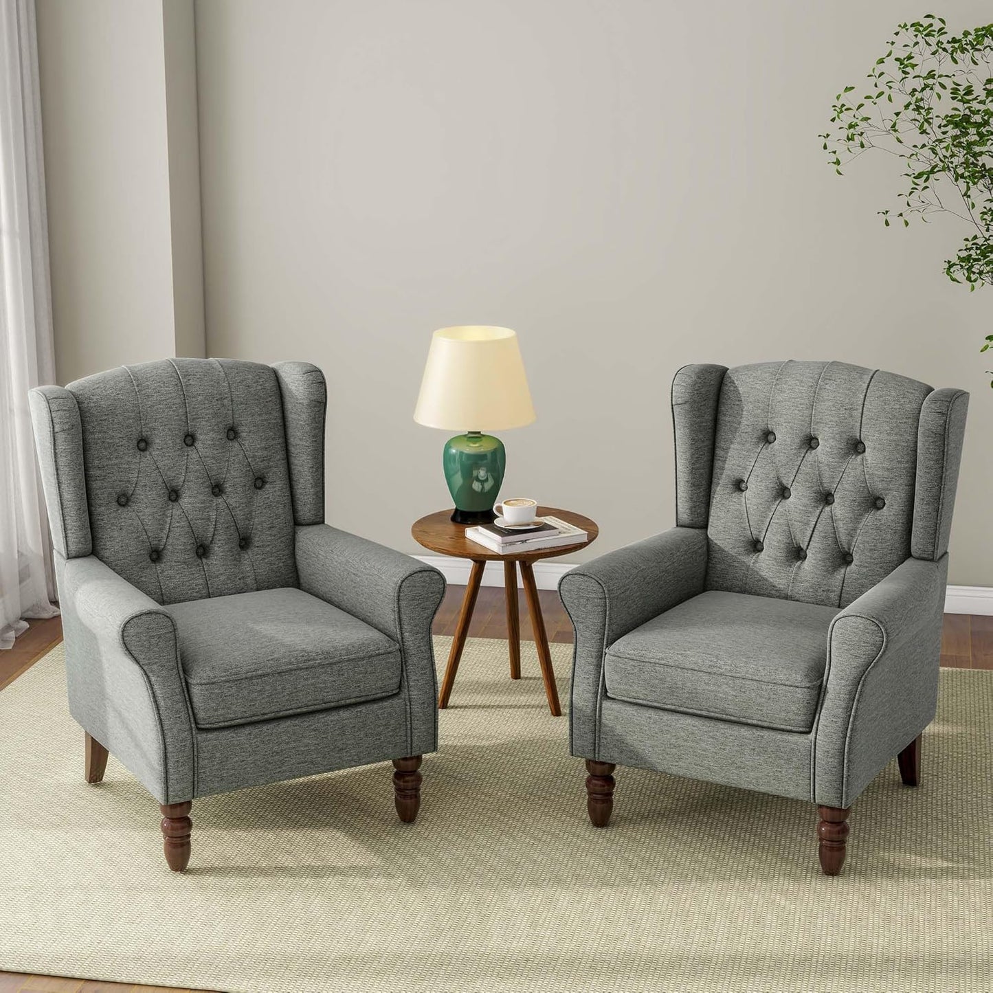 Accent Chair, Upholstered Armchair with Button Tufted High Back & Solid Wood Legs, Comfy Wingback Reading Single Sofa Chair for Small Spaces, Living Room, Bedroom (Grey, Set of 2)