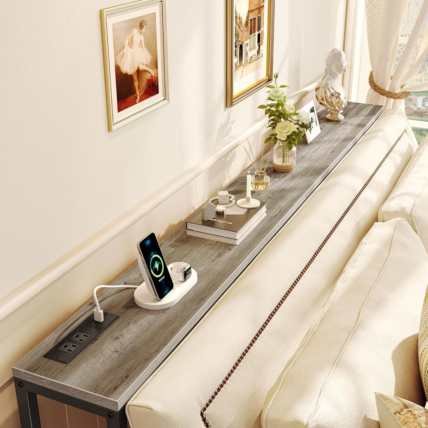 SUPERJARE 70 Inch Console Table with Outlet, Narrow Entryway Table for Living Room, Oak