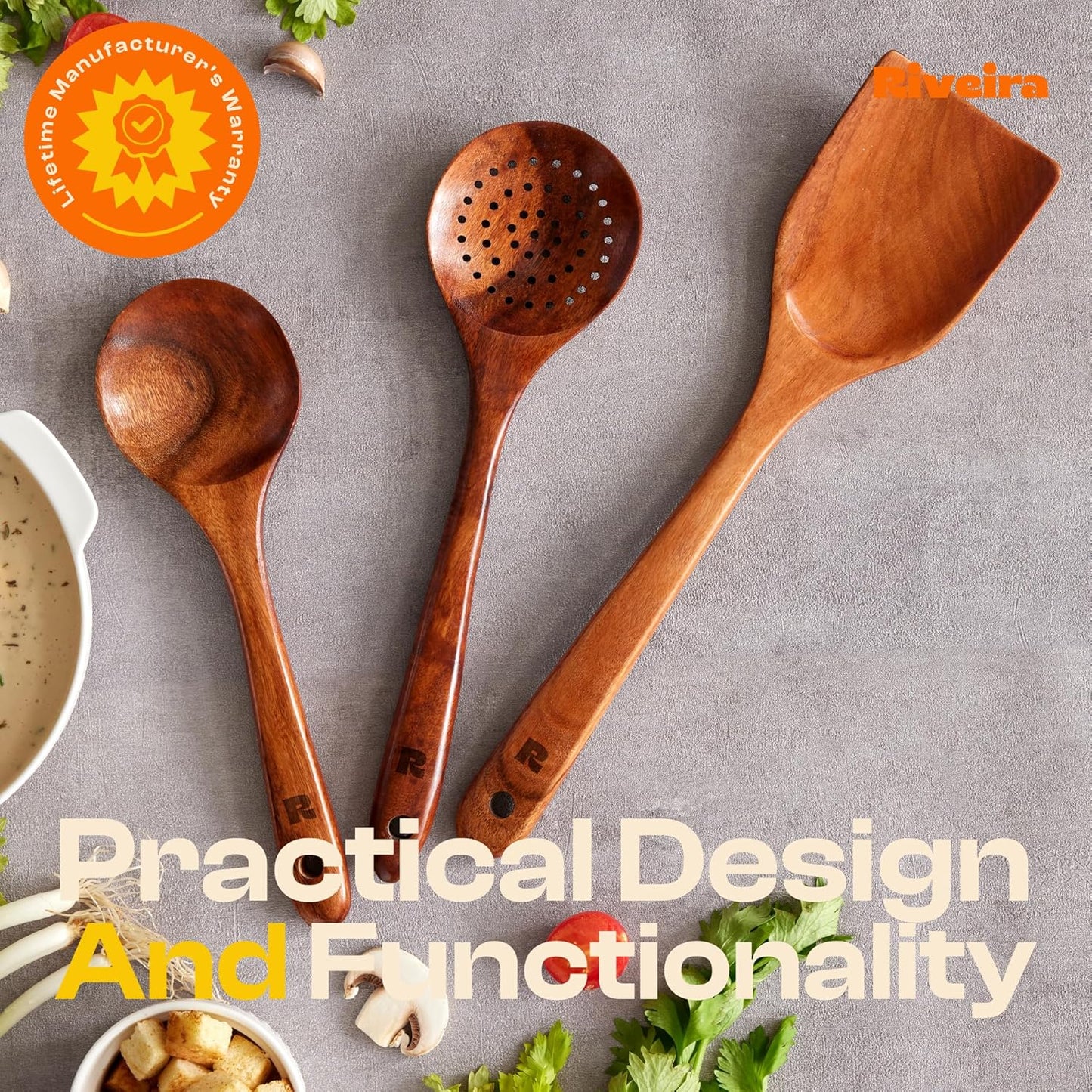 Riveira Set of 3 Dark Teak Spoons for Cooking - Wooden Kitchen Utensil Set - Non-Toxic Cooking Utensils - Wooden Spatula for Cooking - Teak Wood Utensils for Non-Stick Cookware