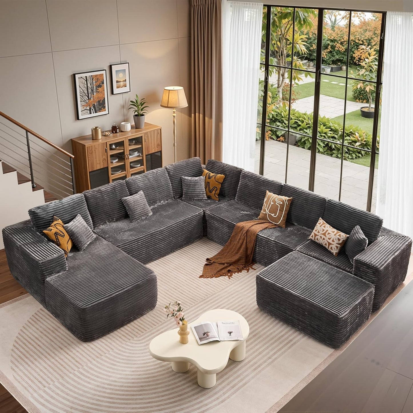 Cloud Sectional Couches for Living Room,G Shaped Modular Sofas No Assembly,135x133 Inches Plush Corduroy Oversized Floor Couch Set with Deep Seat Chaise,Grey