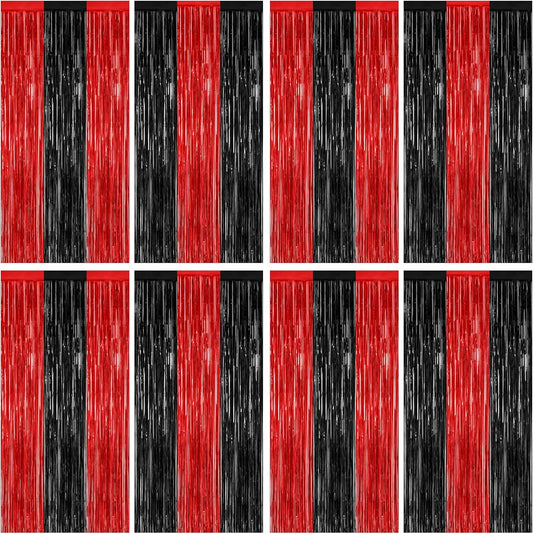 8 Pack Halloween Party Supplies, 3.28 FT x 7.05 FT Red and Black Foil Streamer, Metallic Fringe Curtains Tinsel Backdrop Party Streamer, Hanging Halloween Decorations Casino Party Decor
