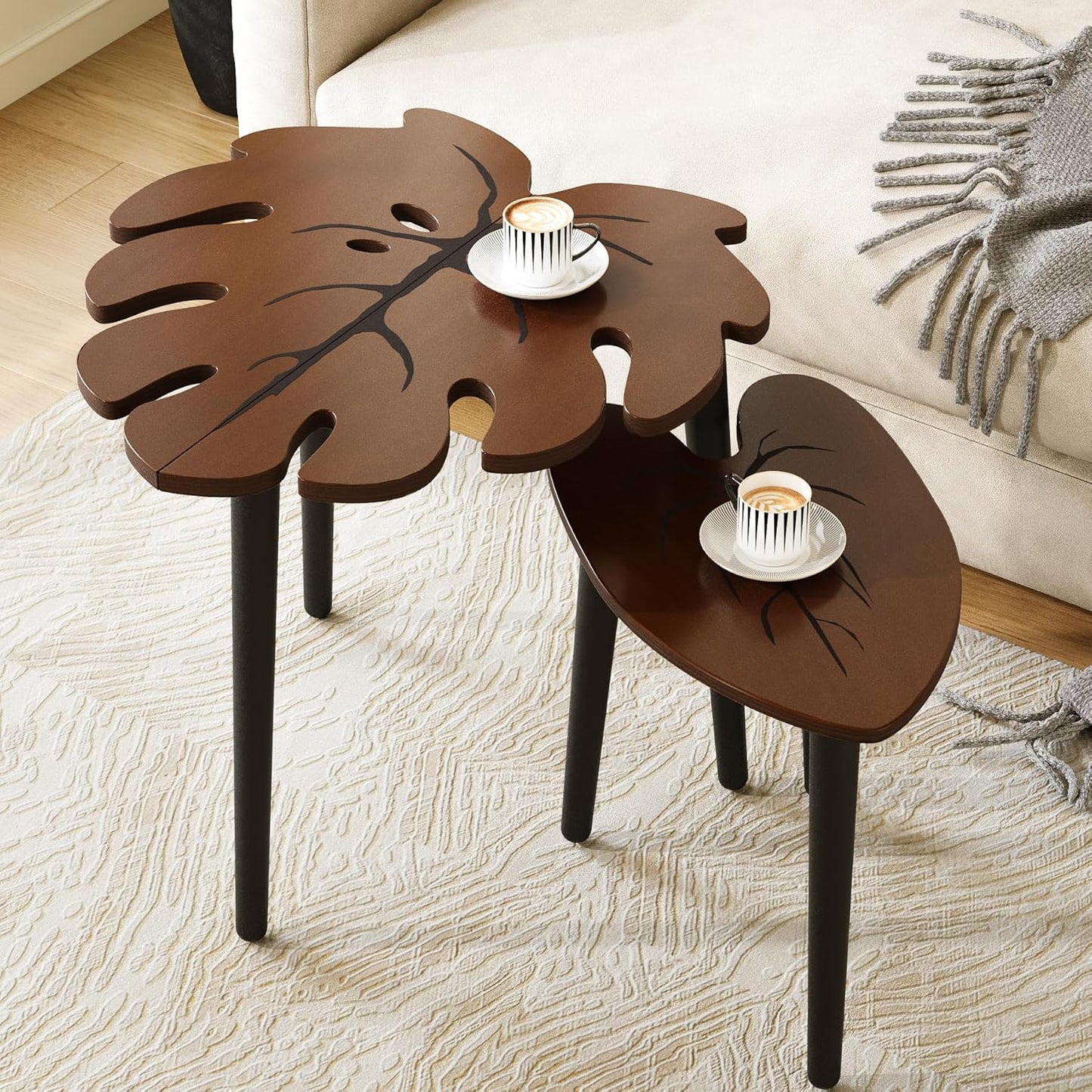 BAMEOS Monstera Leaf Nesting Tables Set of 2, Small Coffee Table Set with Leaf Vein Pattern, Modern Wooden Side Tables for Living Room Bedroom Apartment Balcony Yard