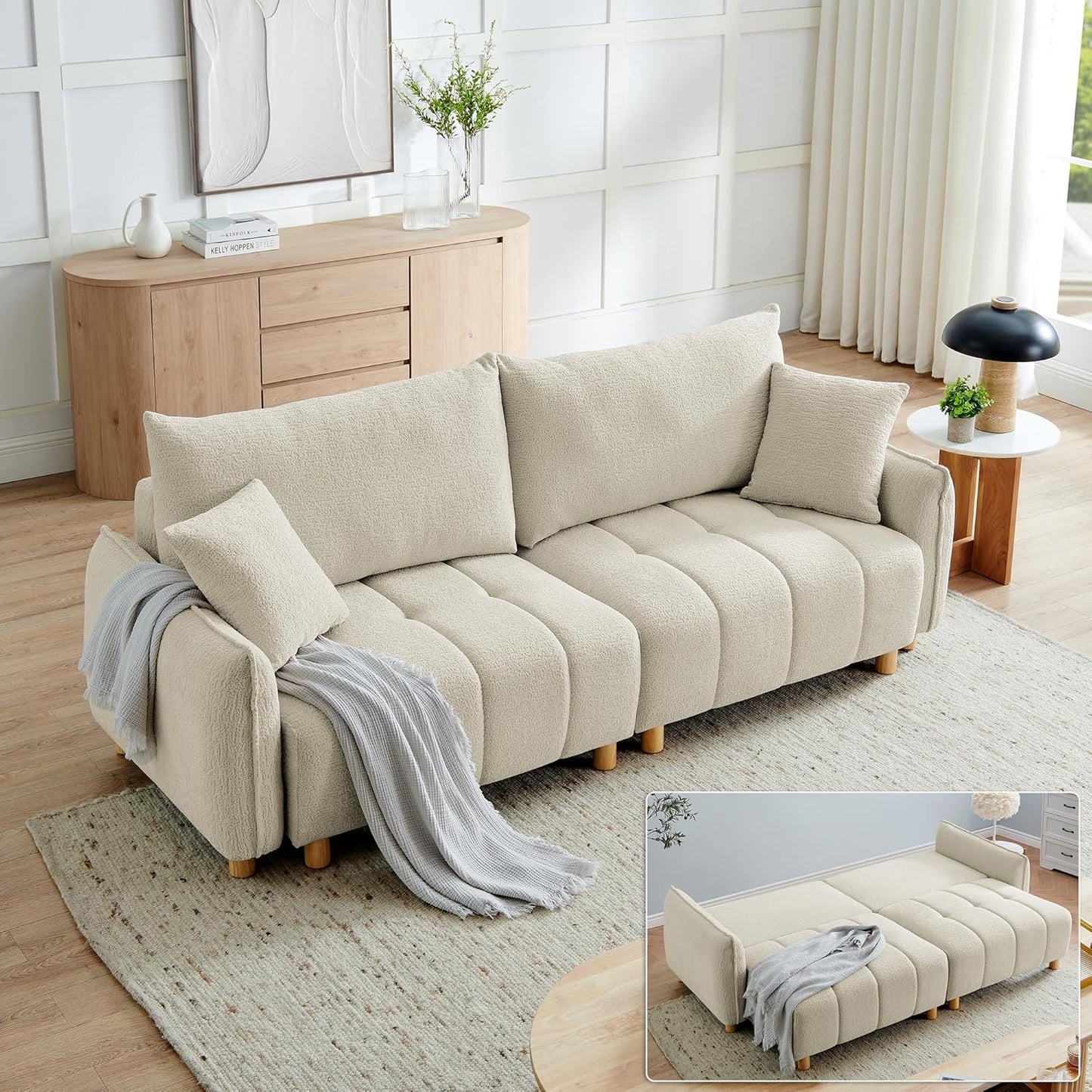 Convertible Sofa Bed, 90" Full Size Sleeper Sofa with Storage, Tufted Chenille 3 Seat Sofa Couches for Living Room, Small Spaces, Guest Room, Apartment, Beige