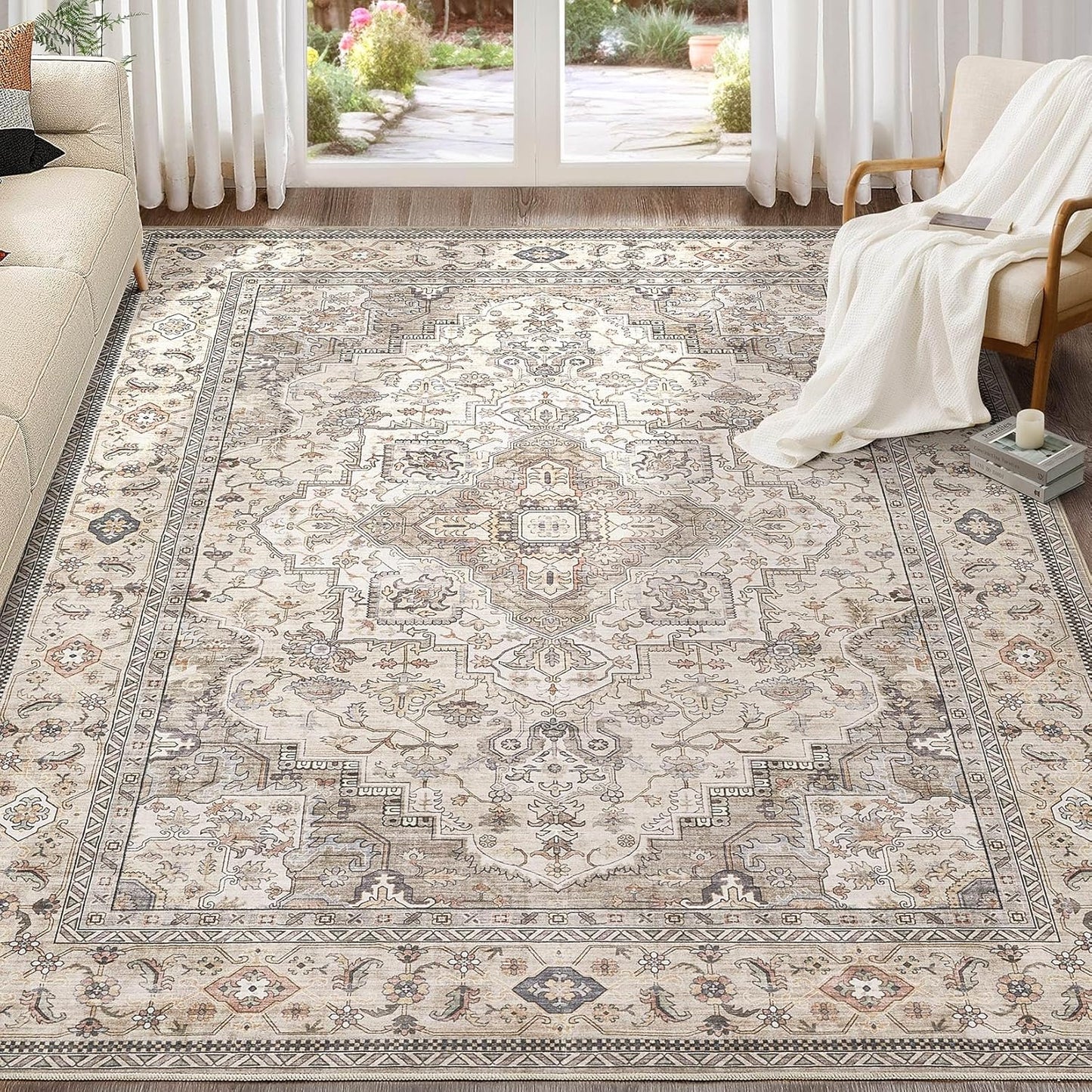 Washable Area Rugs for Living Room - 9x12 Neutral Vintage Distressed Floral Farmhouse Boho Large Soft Floor Rug Indoor Non Slip Carpet for Bedroom Dining Room Office - Brown/Multi