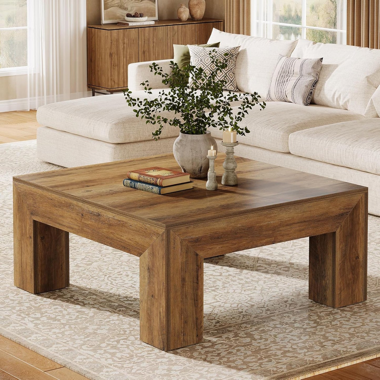 Tribesigns 39.4-Inch Square Coffee Table for Living Room, Farmhouse All MDF Accent Center Cocktail Table with Sturdy Wooden Legs, Easy Assembly, Rustic Brown