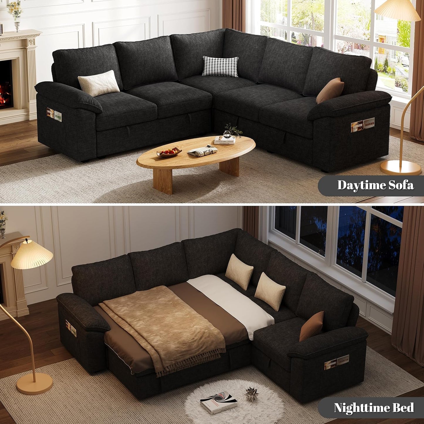85 Inch Modular Sectional Sofa with Pull Out Bed,L Shaped 5 Seat Sectional Sleeper Sofa with Storage,Sectional Couches for Living Room,Cloud Modular Couch,Removable Sofa Cover,Black