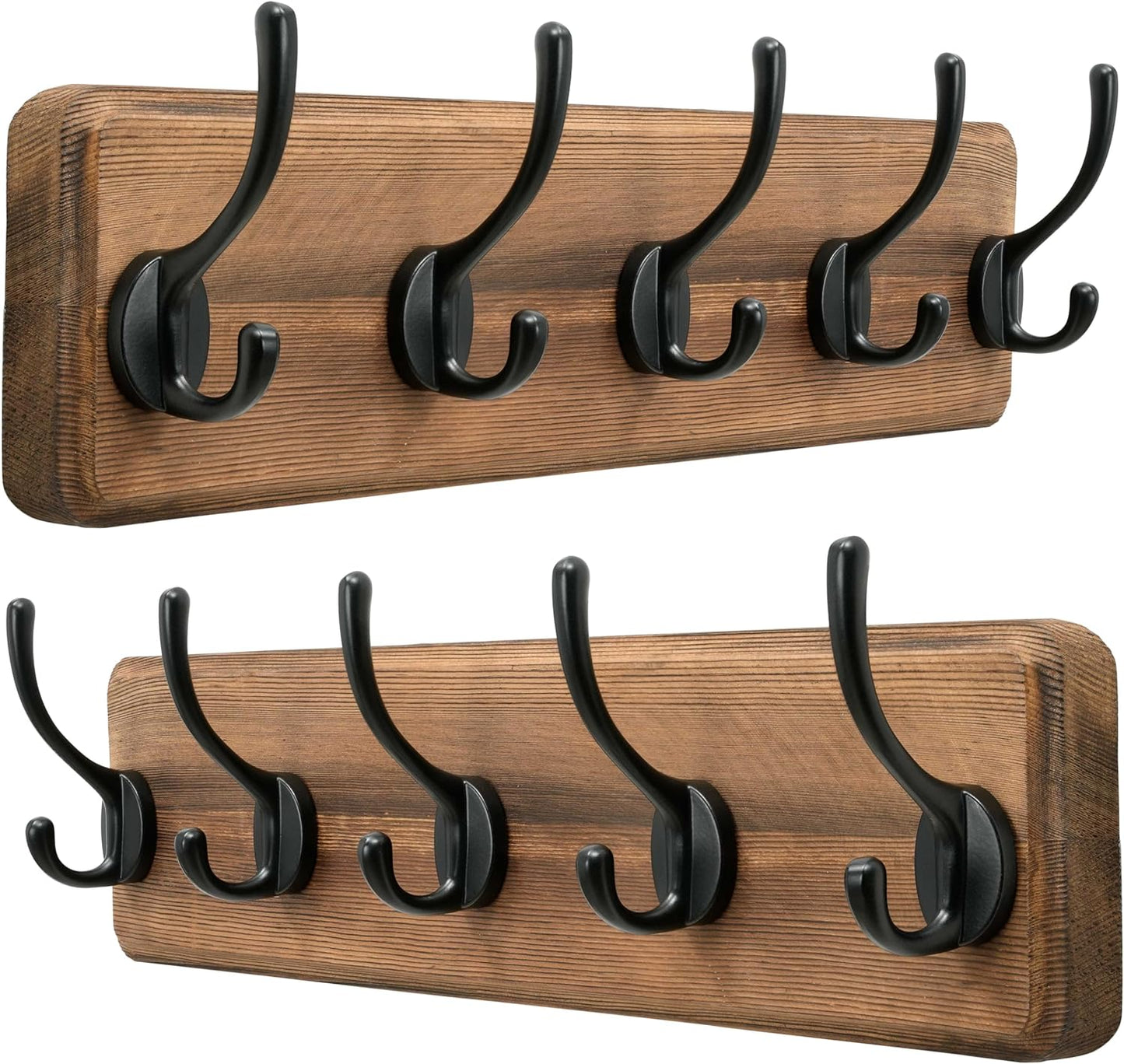 Dseap Wall Mounted Coat Rack: Patented, Heavy-Duty, 17.4" Long 5-Double-Hooks Wooden Hanger Rail for Winter Coats, Hat, Jacket, Clothing - Natural & Black, Pack of 2