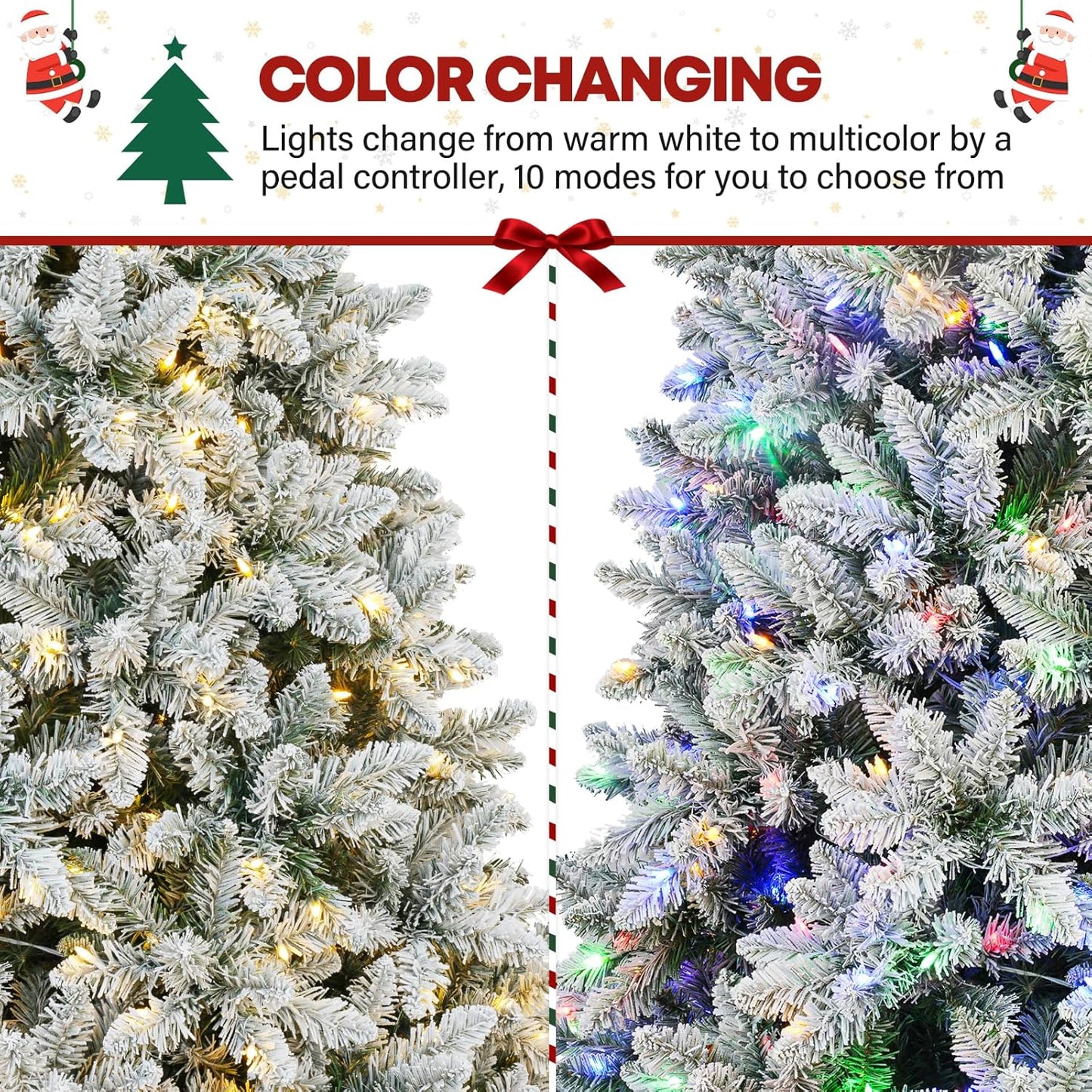 6ft Lighted Artificial Christmas Tree, 250 Multicolor LED Lights, Snow Flocked Christmas Tree with 1032 PVC Tips, Metal Base & Hinged Branches for Holiday, 10 Modes