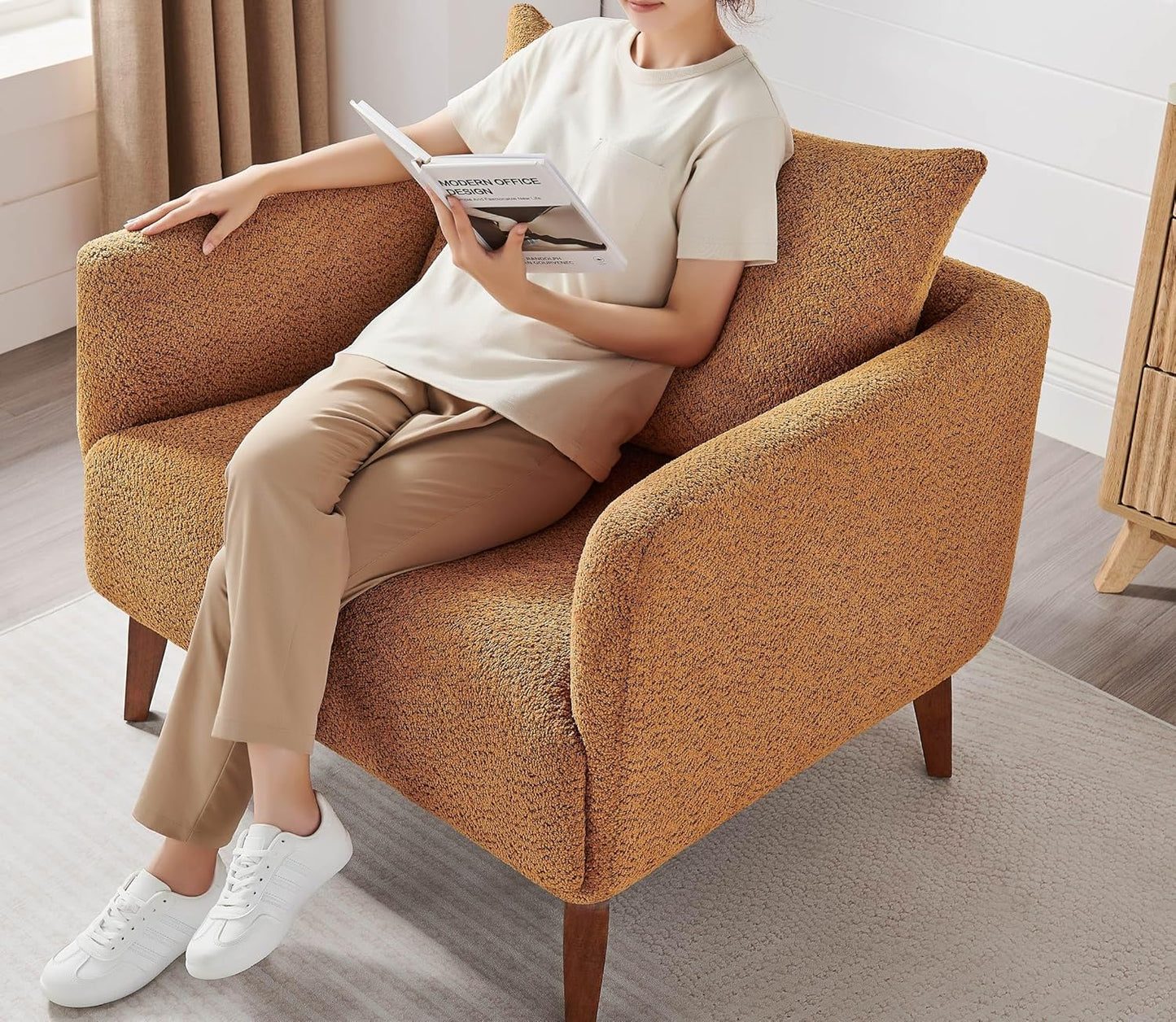 Oversized Accent Chair Modern Boucle Armchair for Living Room- 37" Wide Accent Chair with Solid Wood Legs, Curry Upholstered Lounge Chair for Bedroom & Office, Cozy Reading Chair (Easy Assembly)