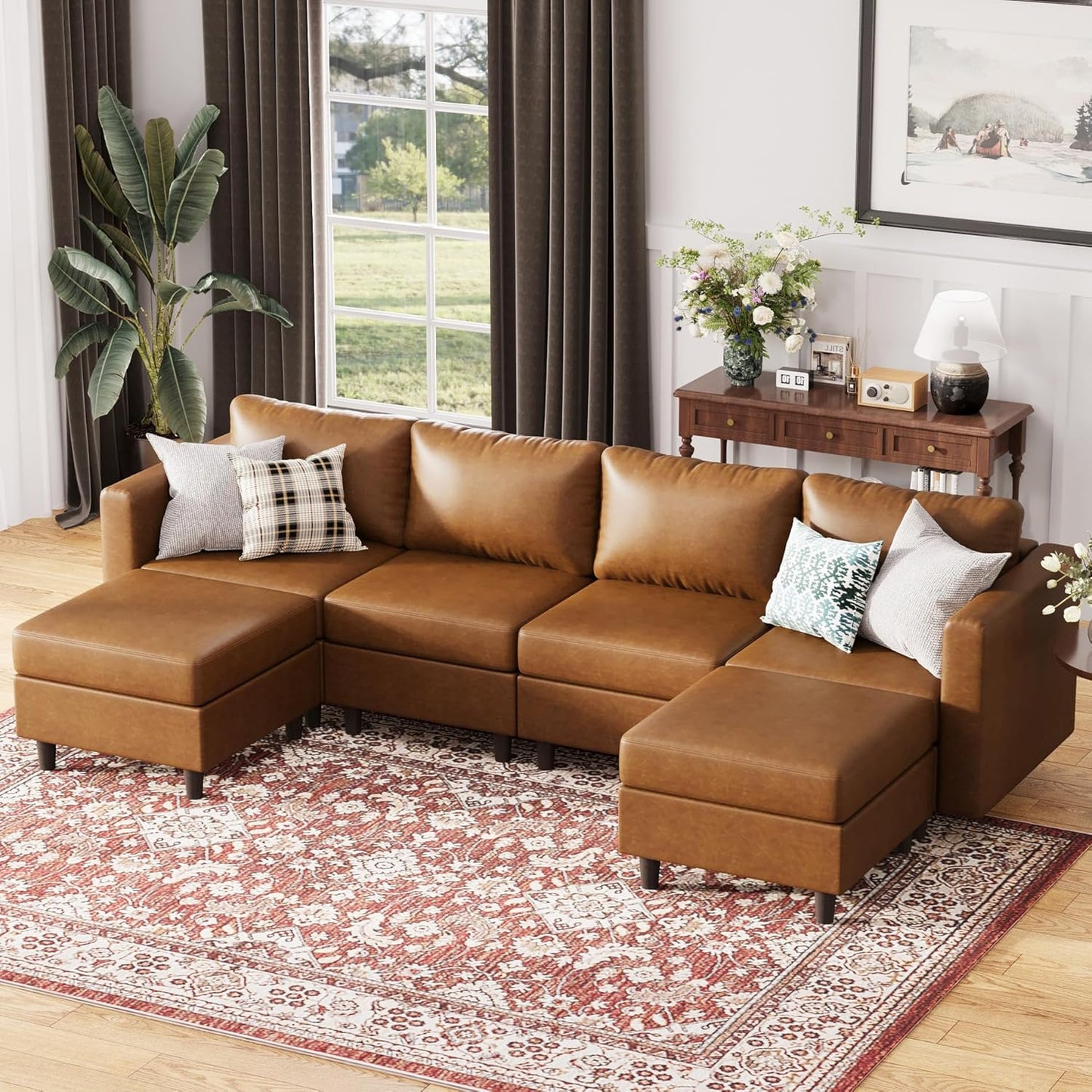 ABCASA 118.5" Oversized Modular Sectional Sofa, Faux Leather 6 Seater U Shaped Couch with Movable Ottoman and Storage Seat with Reversible Chaise Deep Seat for Living Room Brown