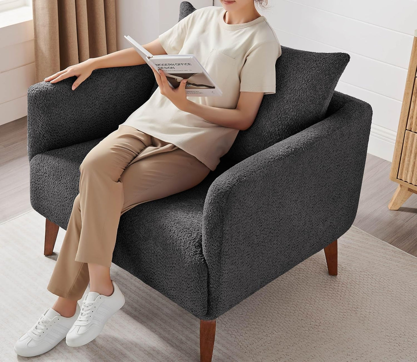 Oversized Accent Chair Modern Boucle Armchair for Living Room- 37" Wide Accent Chair with Solid Wood Legs, Dark Gray Upholstered Lounge Chair for Bedroom & Office, Cozy Reading Chair (Easy Assembly)