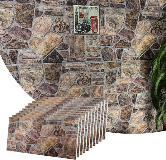 Dundee Deco 3D Wall Panels - Cladding, Shades of Brown Grey Stone Look Wall Paneling, Styrofoam Facing for Interior and Exterior Applications, DIY, Set of 10, Covers 54 sq ft