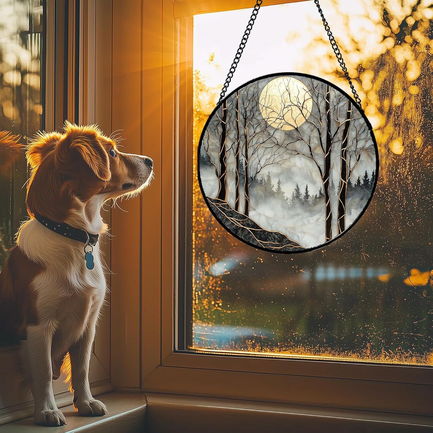 Stained Glass Window Hanging - Black and White Gold Moon Forest Sun Catcher for Door Home Decor Suncatcher Christmas Mother's Day Birthday Gifts for Women Men Lovers Mom Nana 6.3 in