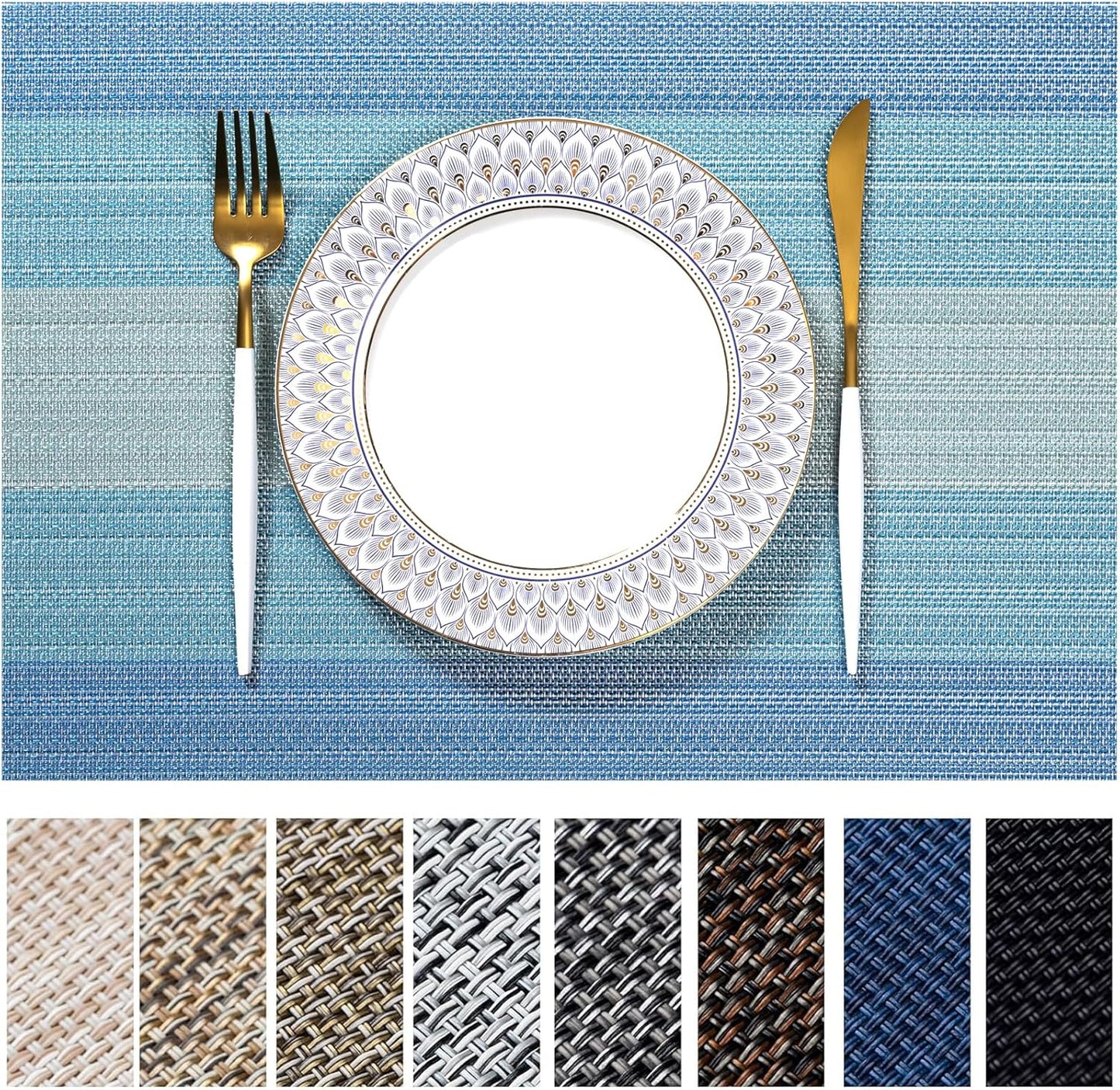LEXMORE Placemats Set of 4 Vinyl/Plastic Woven Place Mats for Kitchen Table Indoor/Outdoor Washable Placemat Wipeable Dining Table Mats(Ocean Geode)