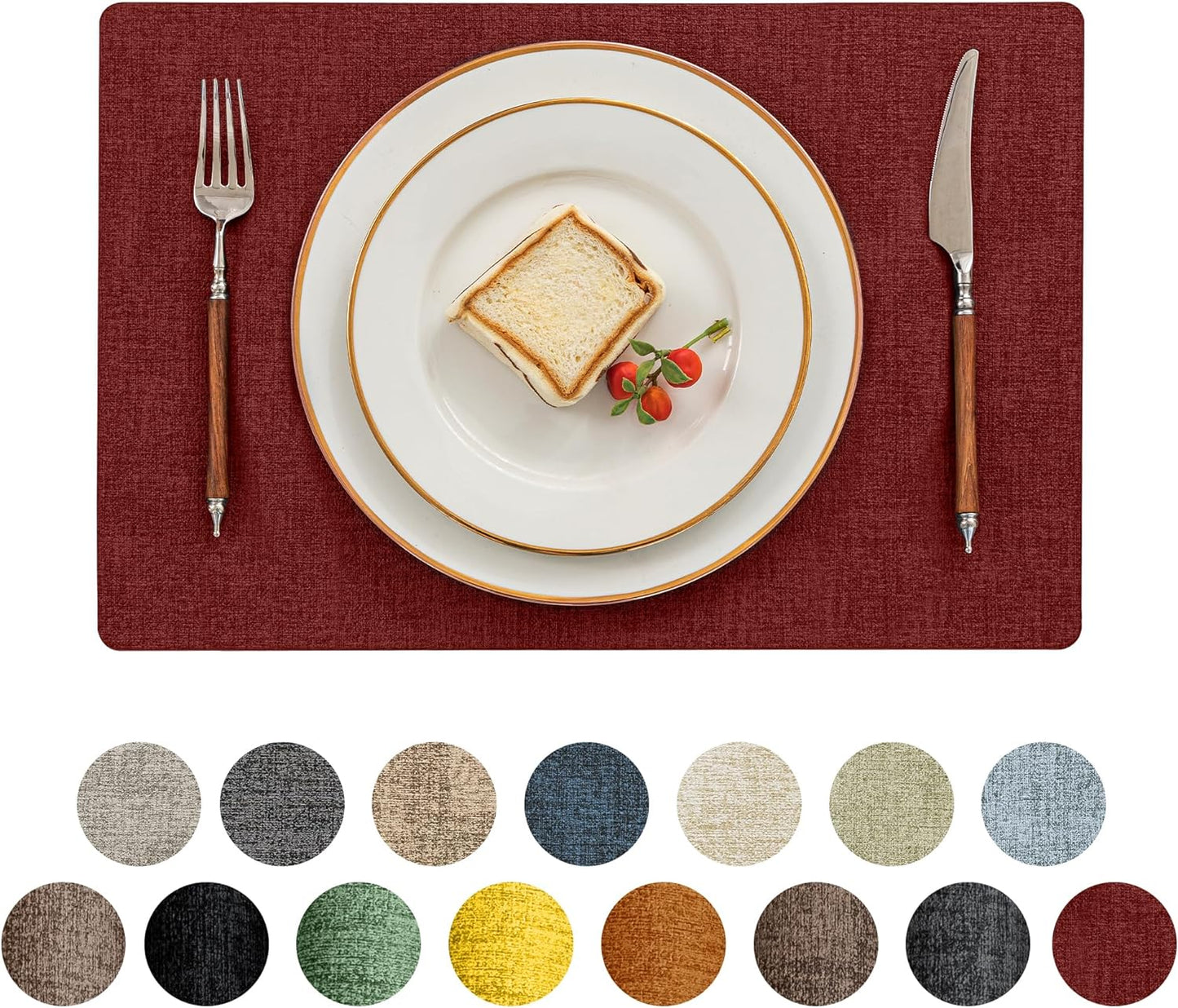 Romanstile Vinyl Placemats Set of 4-12 X 18 Inch - Heat Resistant Place Mats 100% Waterproof Oilproof Wipeable Reversible Faux Leather Table Mats for Kitchen/Dining/Party/Outdoor, Red