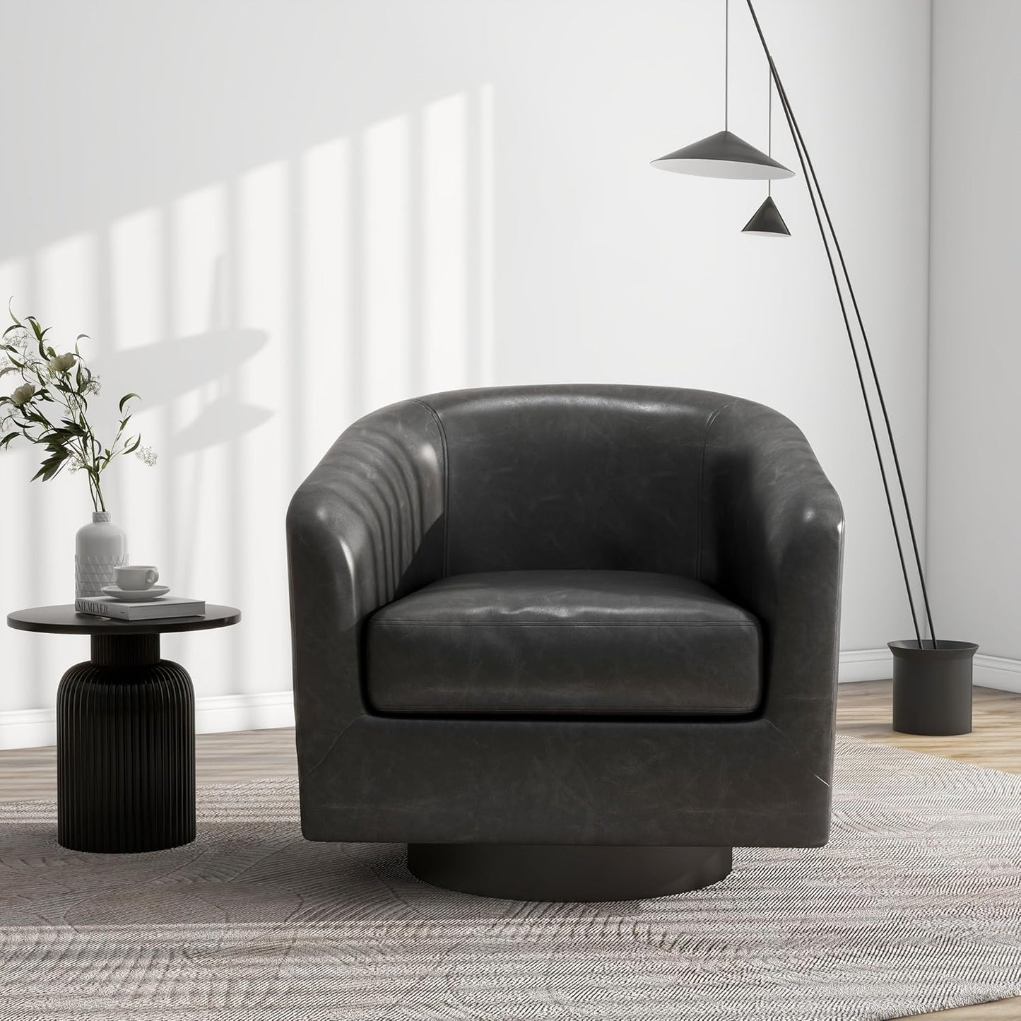Swivel Barrel Accent Chair, Modern Round Faux Leather Arm Chair for Living Room, Bedroom, Comfy Club Reading Chairs for Adults(Faux Leather, Black Grey, Set of 1)