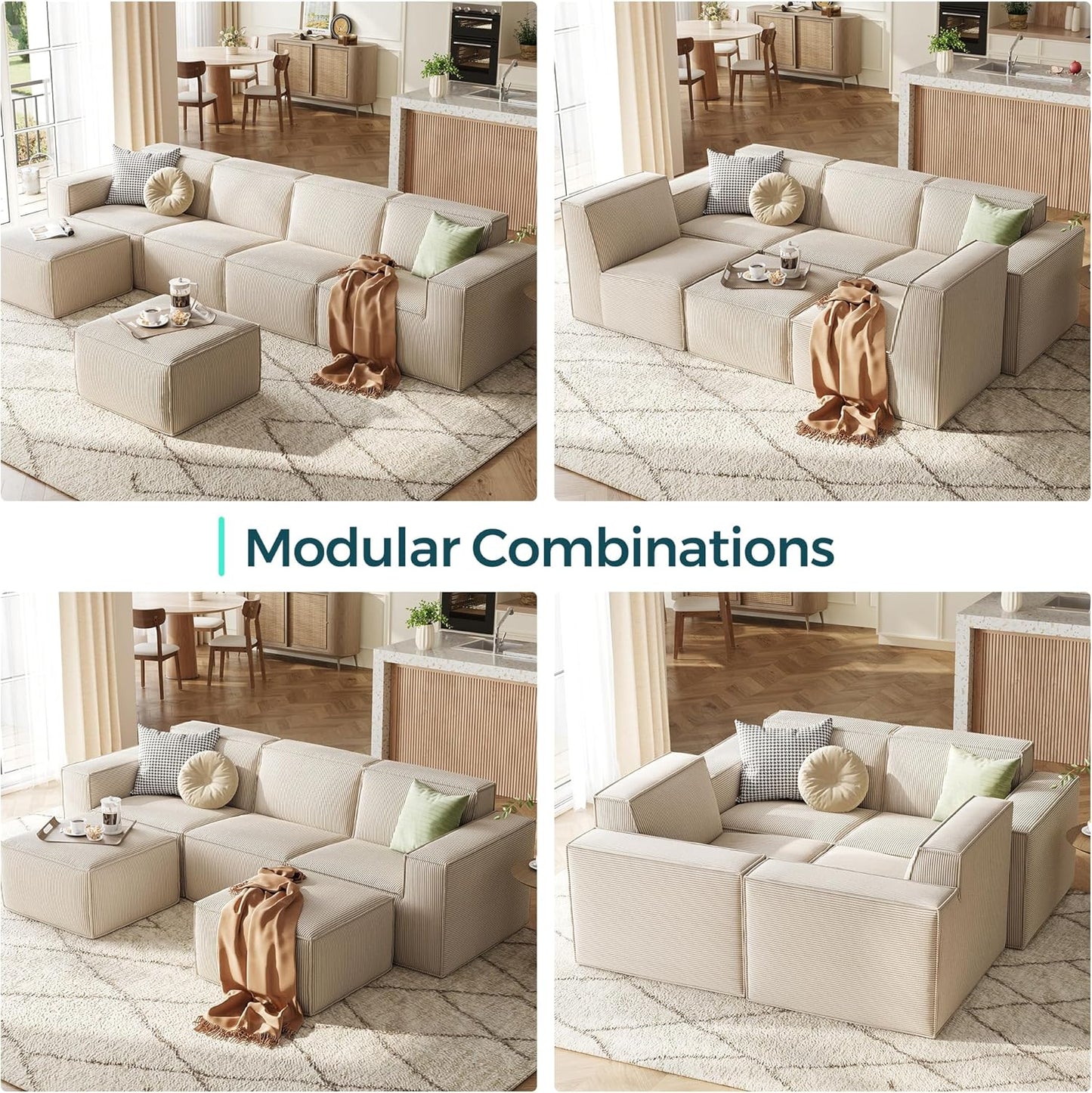 LINSY HOME Modular Sectional Sofa, 134" Boneless Couch L Shaped 4-Seat Sofa with Movable Ottoman, Corduroy Sectional Cloud Couches for Living Room, No Assembly Required, Beige