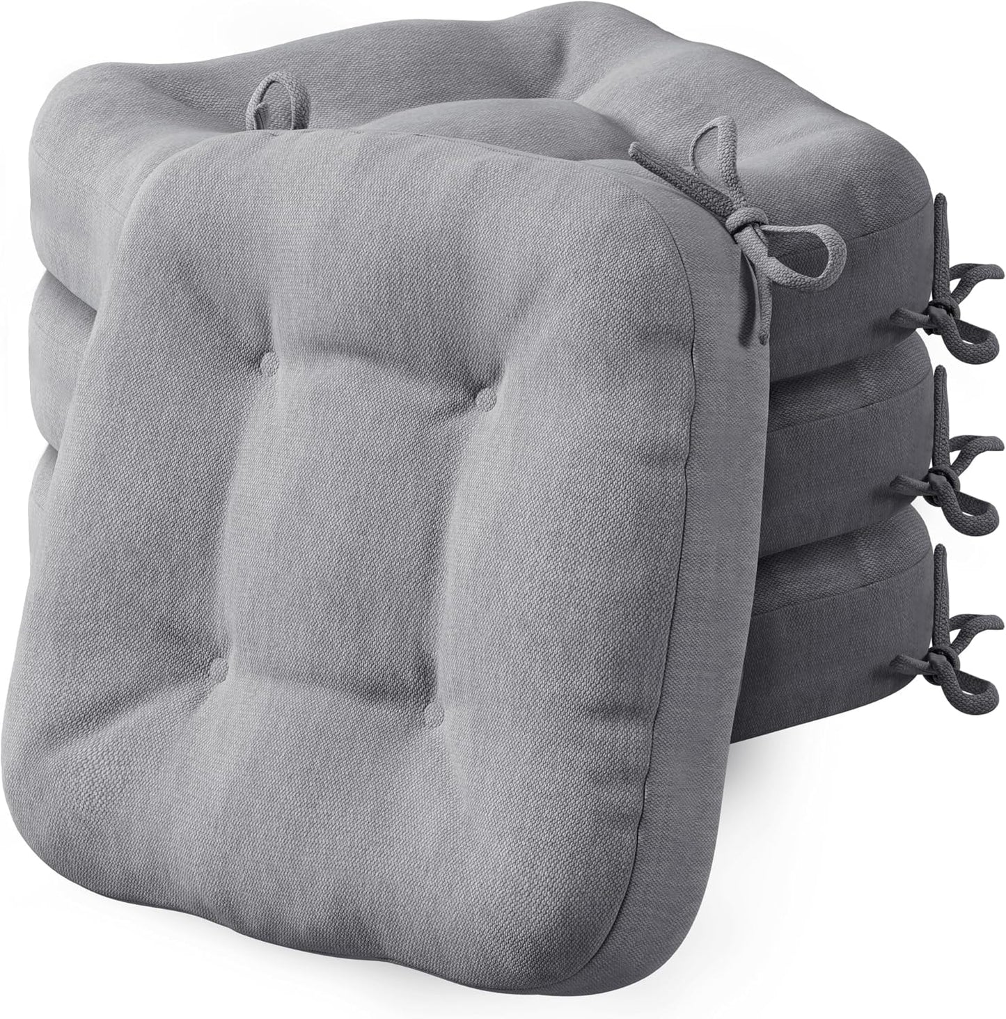 Codi Dining Chair Cushions 4 Pack, Thick Chairs Pads for Indoor Kitchen Room - Washable, Non-Slip Seat Cushion with Ties, 16.5"x16.5"x 3.5", Set of 4, Grey