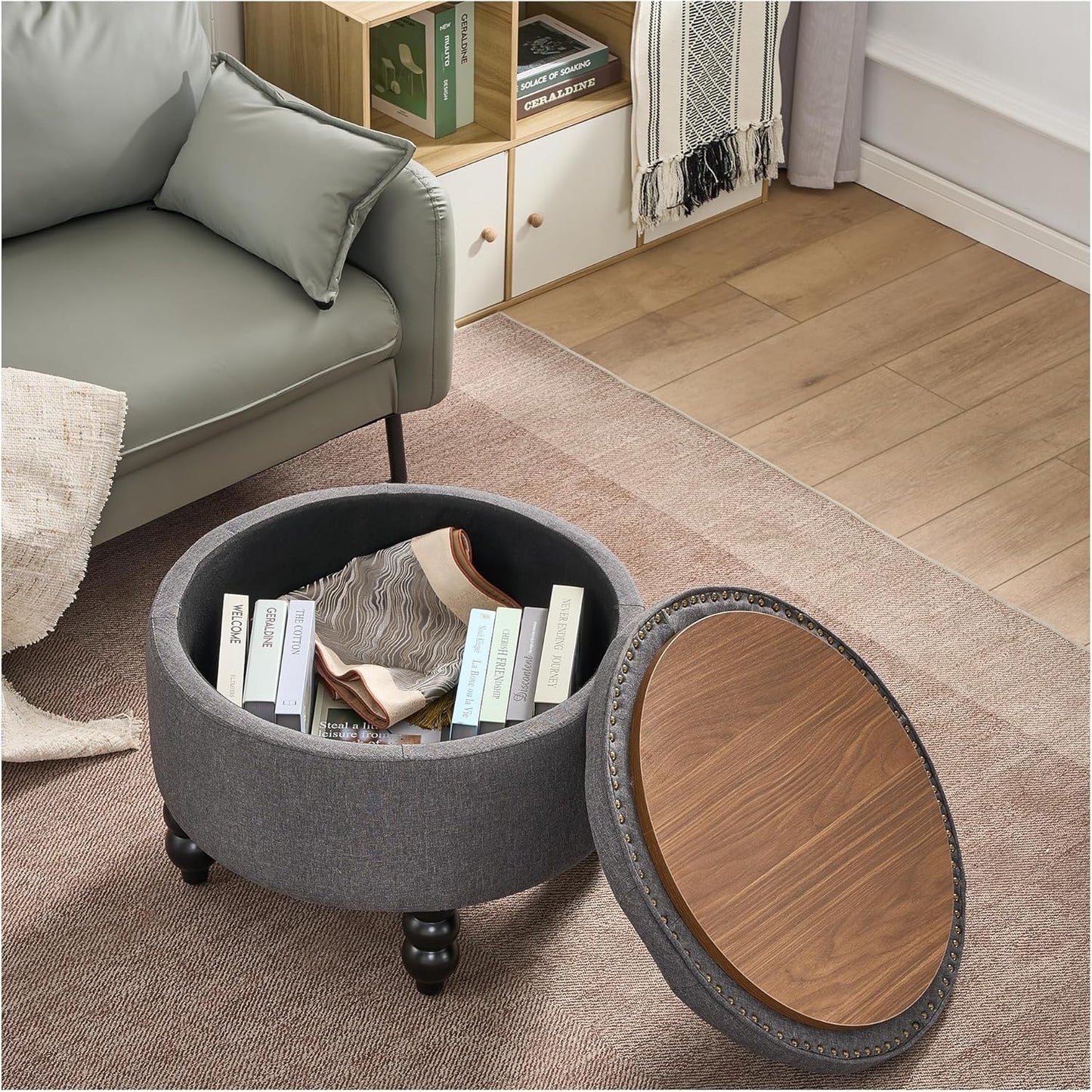 Fabric Round Ottoman with Storage, Upholstered Tufted Storage Footstool, Modern Wooden Coffee Table for Living Room, Bedroom, Dark Grey