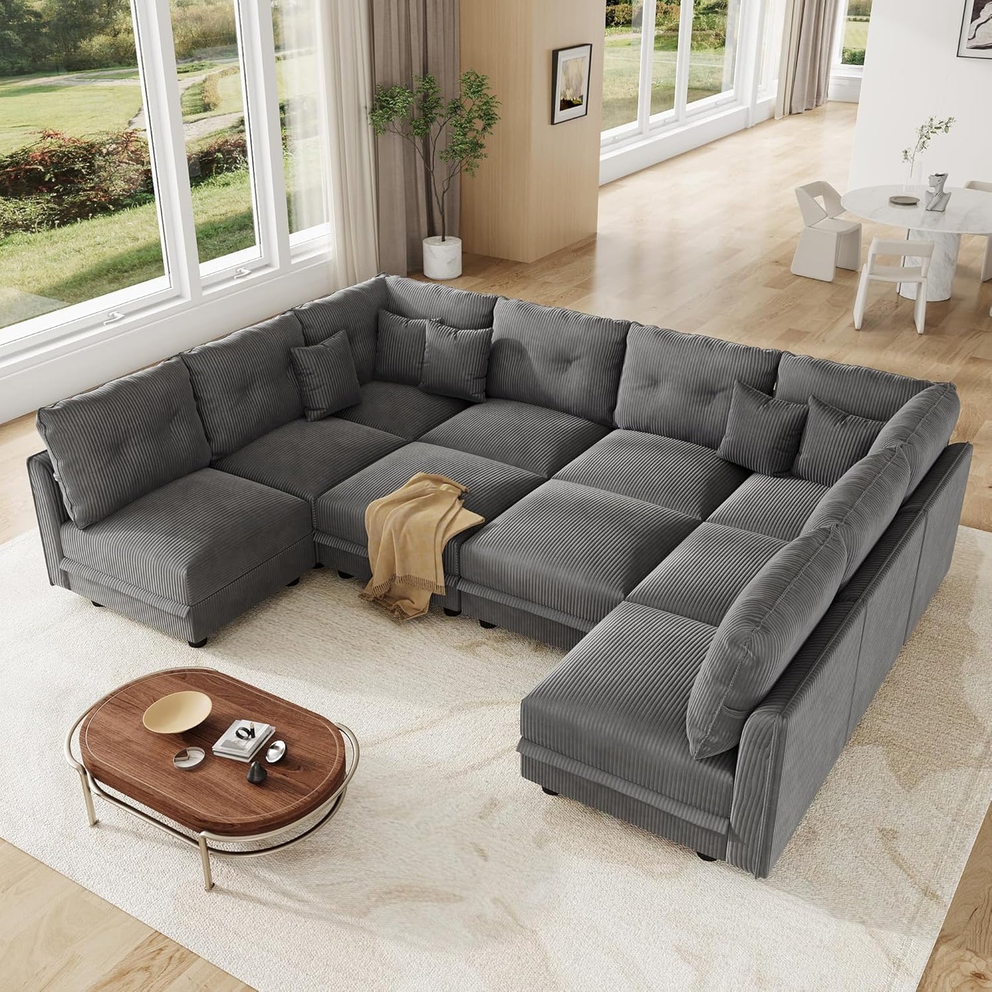 LLappuil Large Modular Sectional Sofa with Storage Seats, Corduroy U-Shaped Convertible Couch for Living Room, 10-Seat Grey Sofa Set with 10 Back Cushions & 10 Throw Pillows
