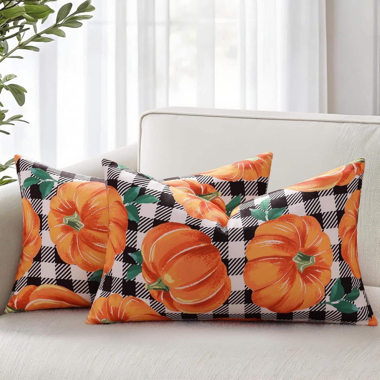 decorUhome Fall Orange Pumpkin Decorative Throw Pillow Covers 12x20 Set of 2, Lumbar Buffalo Plaid Check Farmhouse Cushion Covers for Autumn Harvest Couch Sofa Bed Home Decor