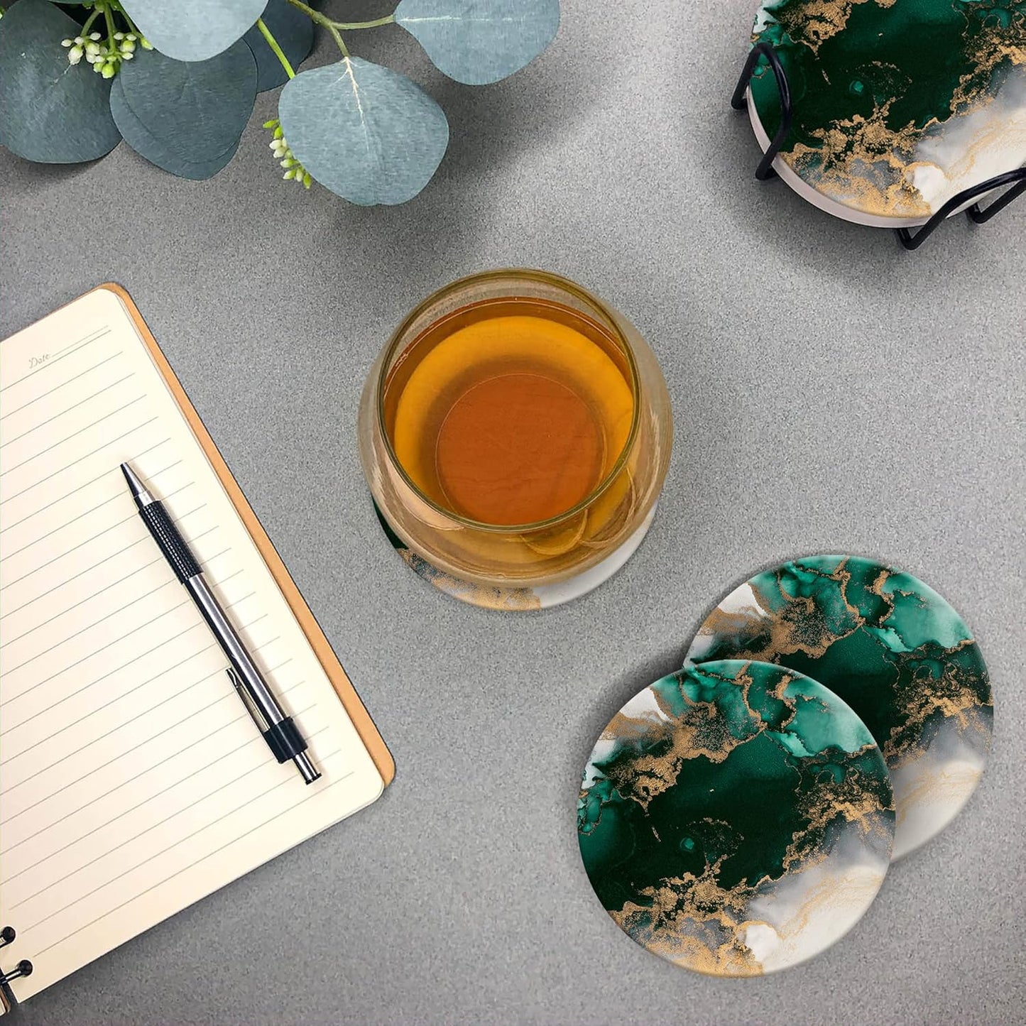 Emerson Coasters for Drinks Absorbent – Natural Stone Drink Coasters Set with Holder, Coasters for Coffee Table, Wooden Tabletop Protection Marble Style – 100% Heavy Duty Set of 6 (Green Forest)