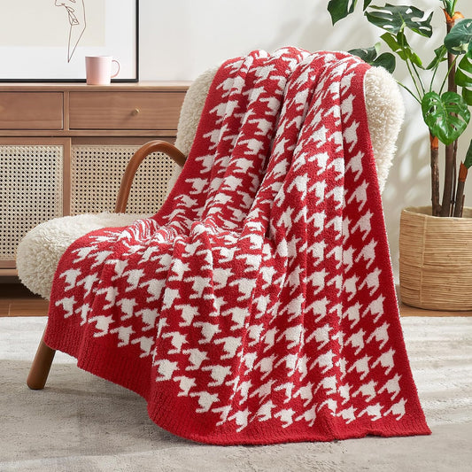 Snuggle Sac Christmas Red Houndstooth Throw Blanket for Couch, Reversible Super Soft Warm Blankets Cozy Knit Fuzzy Plush Lightweight Throws for Sofa Bed Houndstooth Red, 50x60 inches