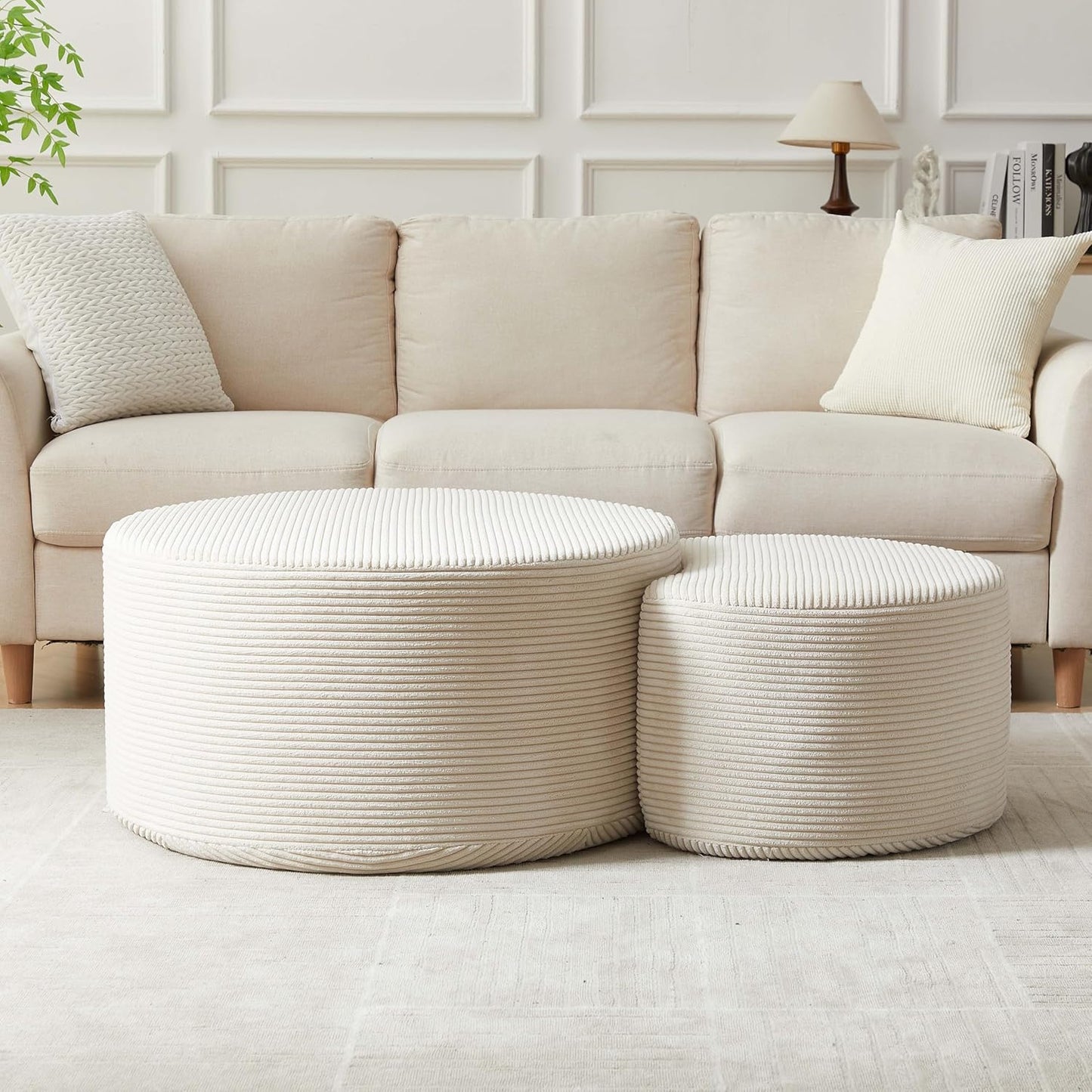 WILLIAMSPACE 50" Foam Nesting Coffee Table Set of 2, Modern Upholstered Round Center Tables for Living Room, Accent Side Tea Table Ottoman, No Assembly - Beige