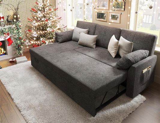 VanAcc Sleeper Sofa, Sofa Bed- 2 in 1 Pull Out Couch Bed with Storage Chaise, Sleeper Couch for Living Room, Grey Linen