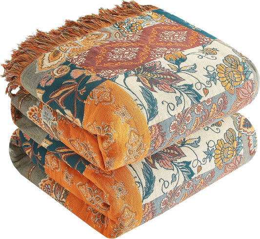 Boho Throw Blanket for Bed 90”x98”, 100% Cotton Woven Blanket for Couch Sofa, Ultra Soft 4-Layer Muslin Quilt with Patchwork Floral Printed, Farmhouse Bed Blanket/Cover for Living Room Decor