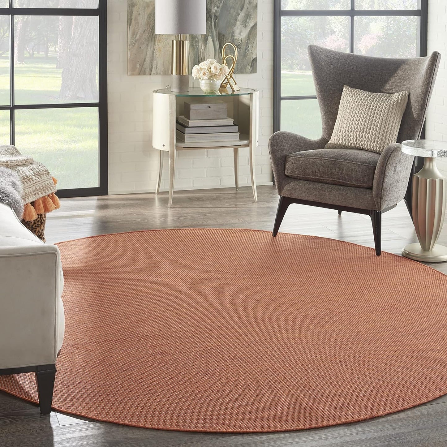 Nourison Positano Indoor/Outdoor Terracotta 8' x Round Area Rug, Easy Cleaning, Non Shedding, Bed Room, Living Room, Dining Room, Backyard, Deck, Patio (8 Round)