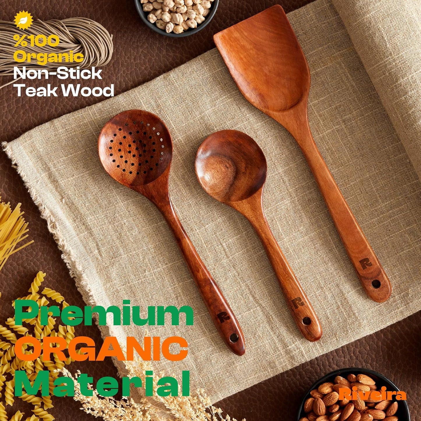 Riveira Set of 3 Dark Teak Spoons for Cooking - Wooden Kitchen Utensil Set - Non-Toxic Cooking Utensils - Wooden Spatula for Cooking - Teak Wood Utensils for Non-Stick Cookware