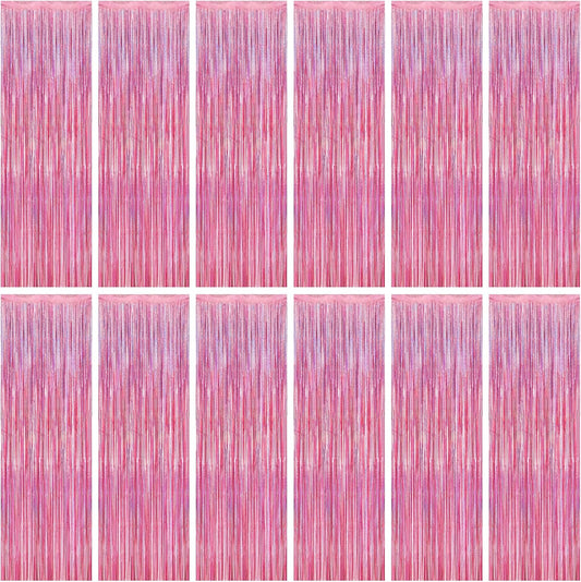 12 Pack Pink Backdrop, 3.28 FT x 7.05 FT Foil Streamers, Metallic Glitter Backdrop Pink Tinsel Fringe Curtains Party Streamers, Pink Birthday Party Decorations Photo Booth Props