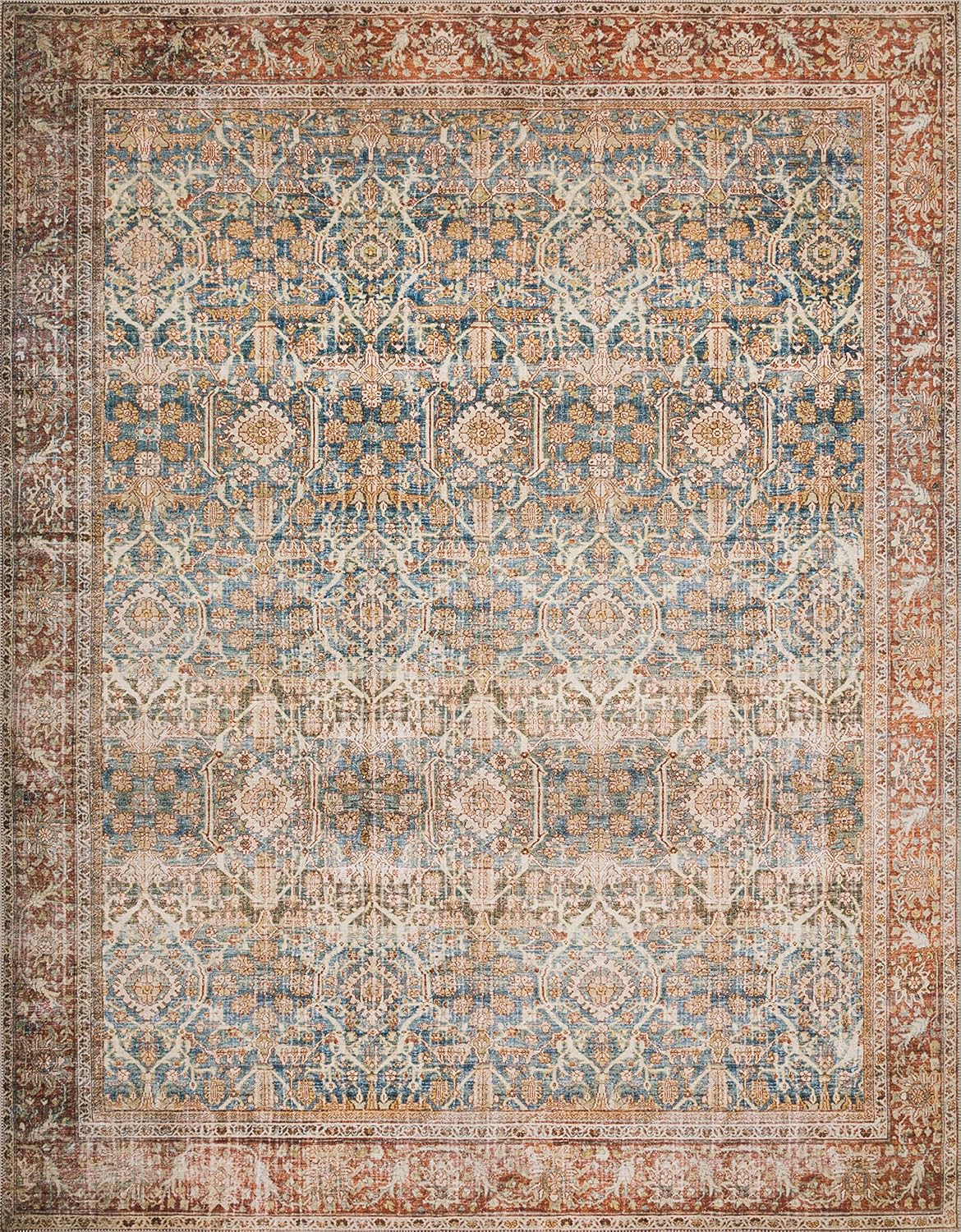 Loloi Layla Collection LAY-04 Ocean/Rust 2'-3" x 3'-9" .13" Thick Accent Rug, Soft, Durable, Vintage Inspired, Distressed, Low Pile, Non-Shedding, Easy Clean, Printed, Living Room Rug