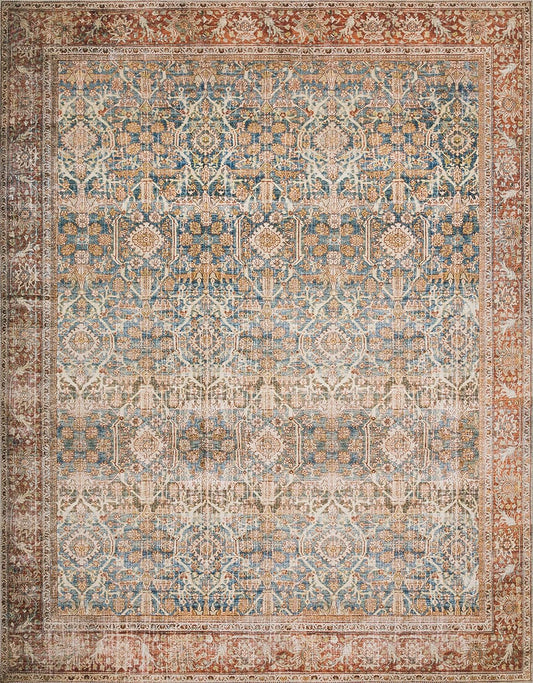 Loloi Layla Collection LAY-04 Ocean/Rust 2'-3" x 3'-9" .13" Thick Accent Rug, Soft, Durable, Vintage Inspired, Distressed, Low Pile, Non-Shedding, Easy Clean, Printed, Living Room Rug