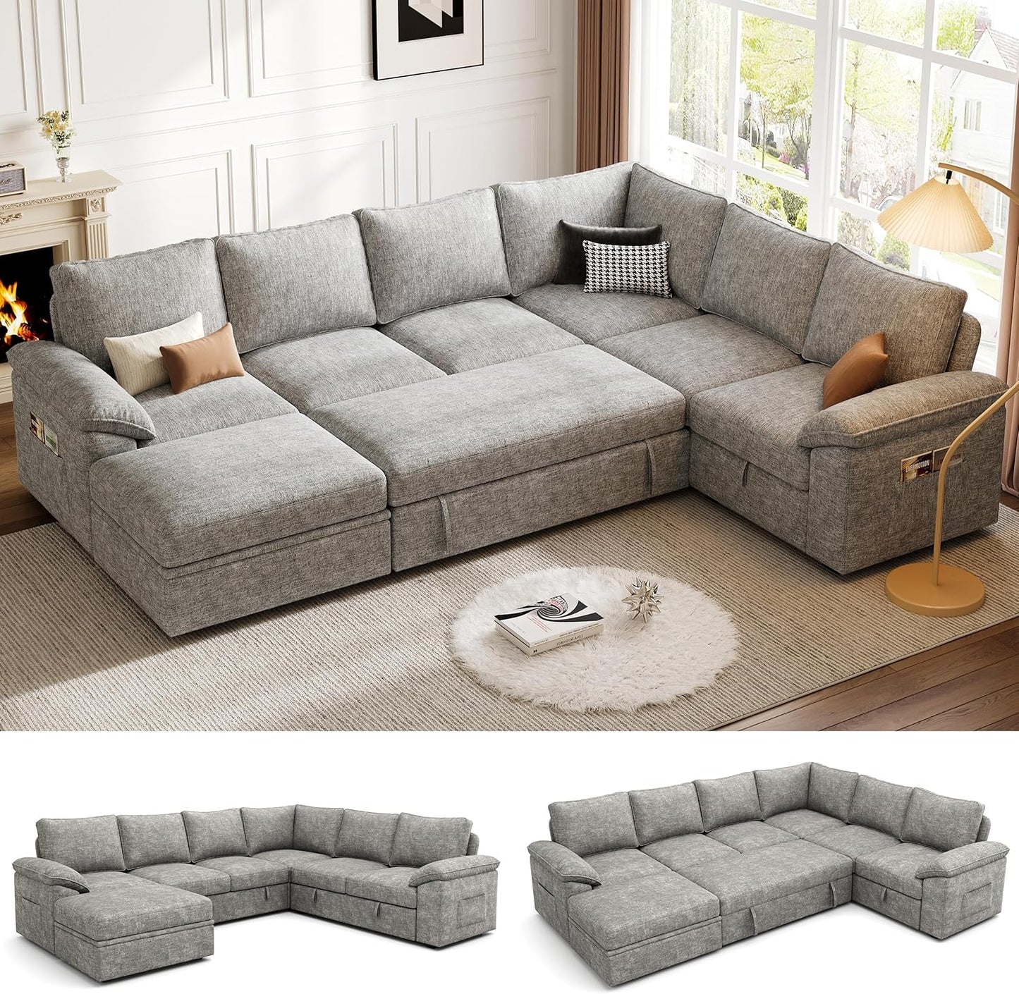 108 Inch Modular Sectional Sofa with Pull Out Bed,U Shaped 7 Seat Sectional Sleeper Sofa with Storage,Sectional Couches for Living Room,Cloud Modular Couch,Removable Sofa Cover,Light Gray